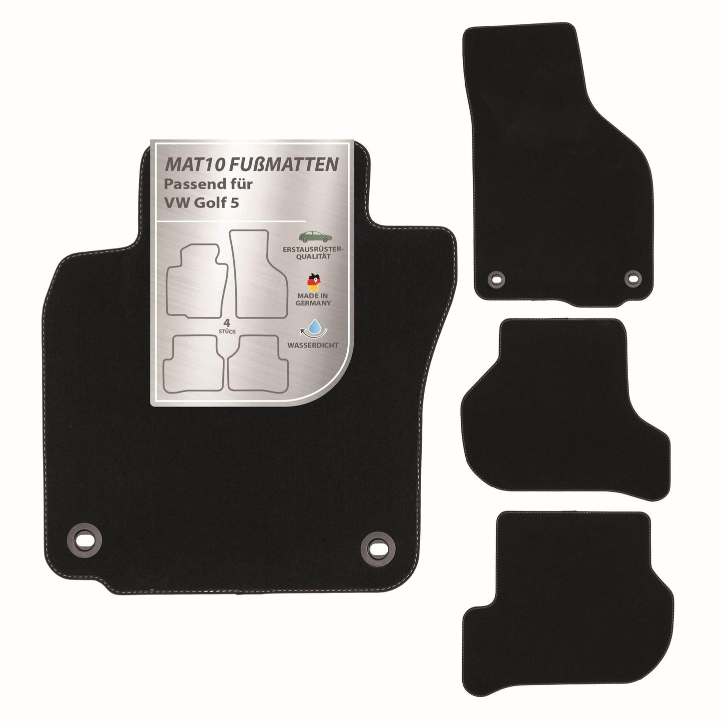 MAT10 – Auto-paklāji piemēroti VW Golf 5 (BJ 10/2003 - 12/2006, tips 1K) no velūra | 4 gabalu automašīnu paklāju komplekts | izturīga oriģinālo aprīkojumu kvalitāte, Ražots Vācijā, melns