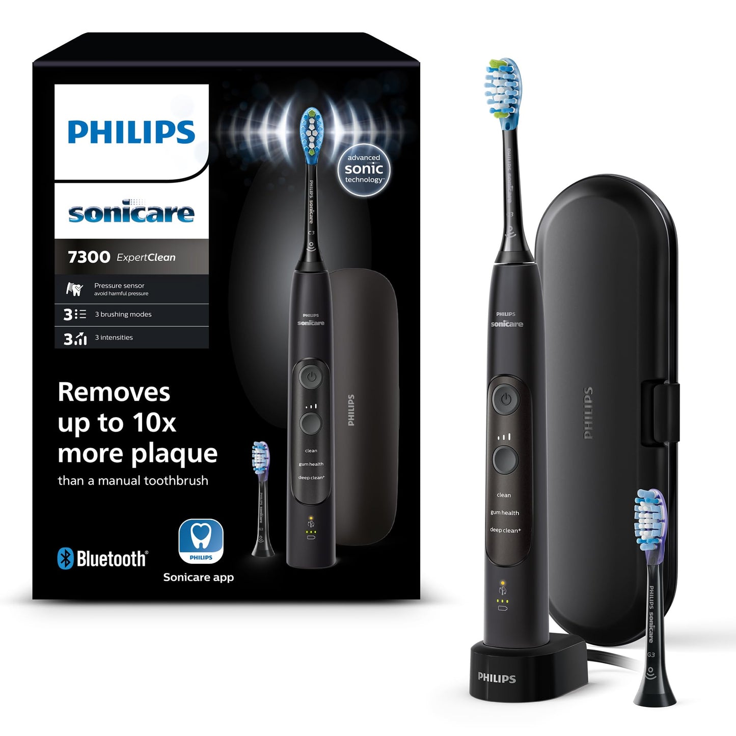 Philips Sonicare ExpertClean 7300 elektriskā zobu birste, skaņas zobu birste ar lietotni, 3 tīrīšanas režīmi un 3 intensitātes līmeņi, spiediena sensors, ceļojumu futrālis, melns, modelis HX9601/02