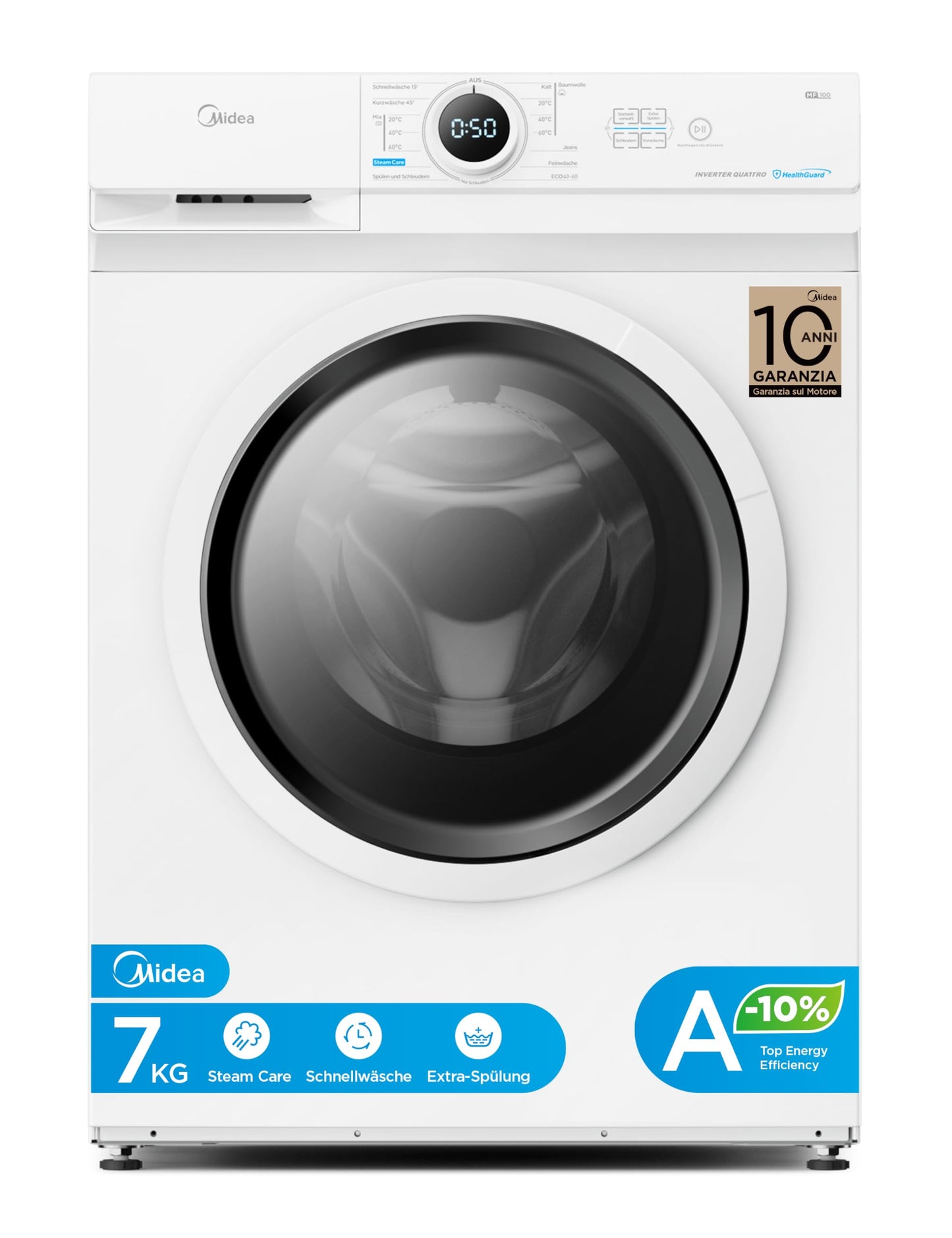 Veļas mašīna Midea 7 kg A-10% energoefektivitāte 1400 apgr./min balta MF10EW70BA10
