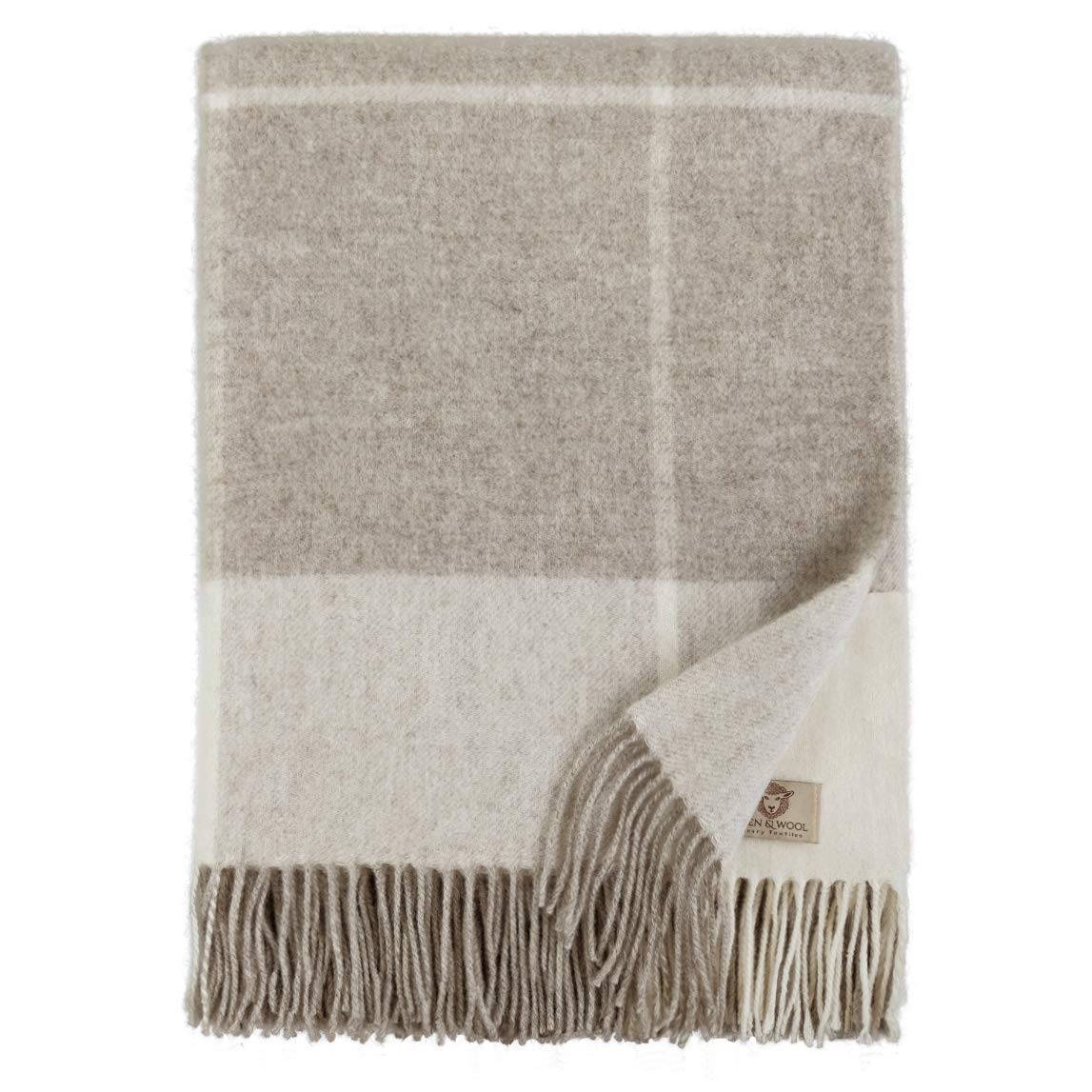 Merino vilnas sega Linen & Cotton Olivia, 100% mīksta merino vilna, rūtaini bēša, brūna un dabīga, 140 x 200 cm, dīvāna sega ar bārkstīm