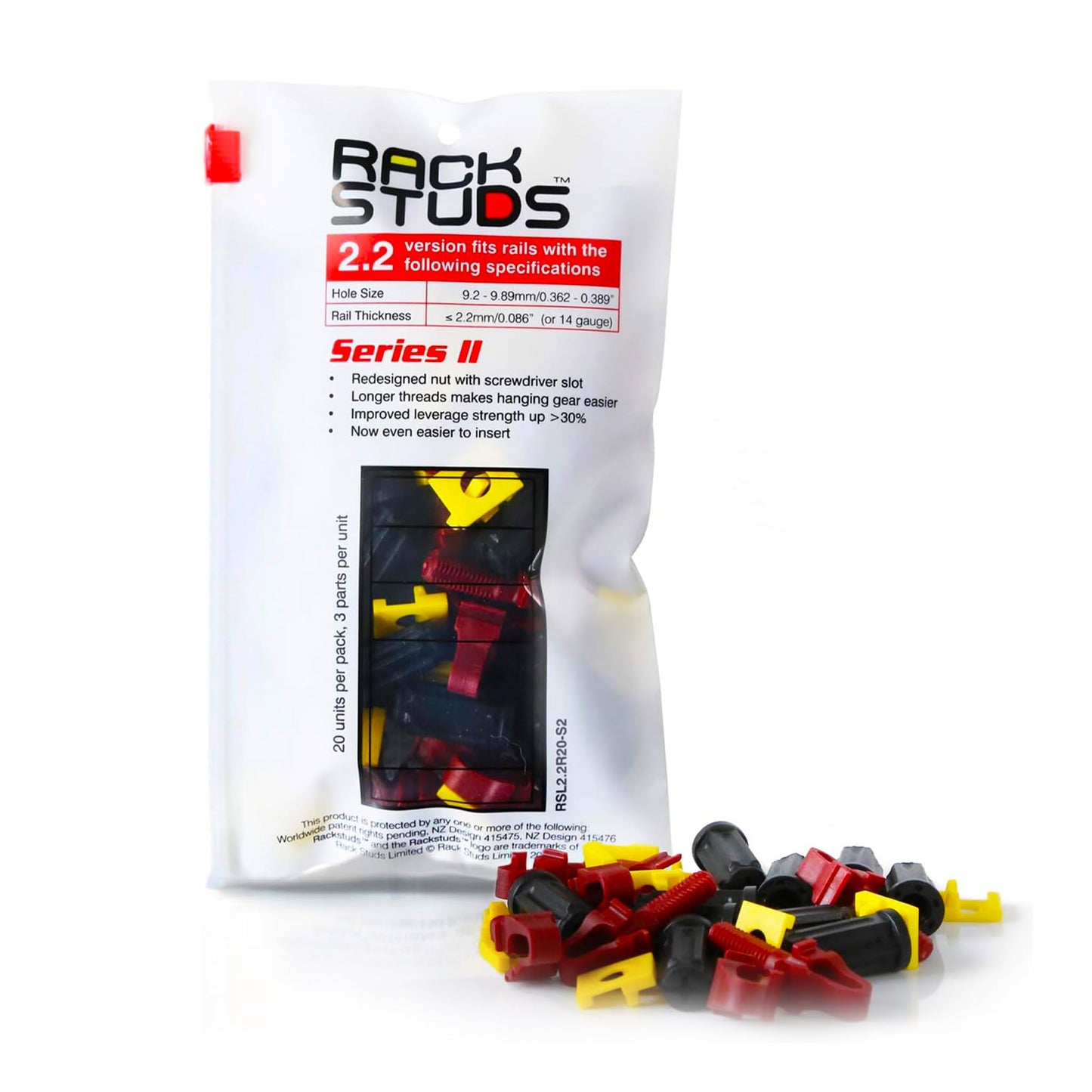 Rackstuds R20 Series II plauktu montāžas skrūves, serveru statīvu skrūves un būrīšu uzgriežņu aizvietotājs 19" serveru statīvu sliedēm ar kvadrātveida caurumiem, bez instrumentiem, sarkans 2,22 mm / 0,086, 20 gab.