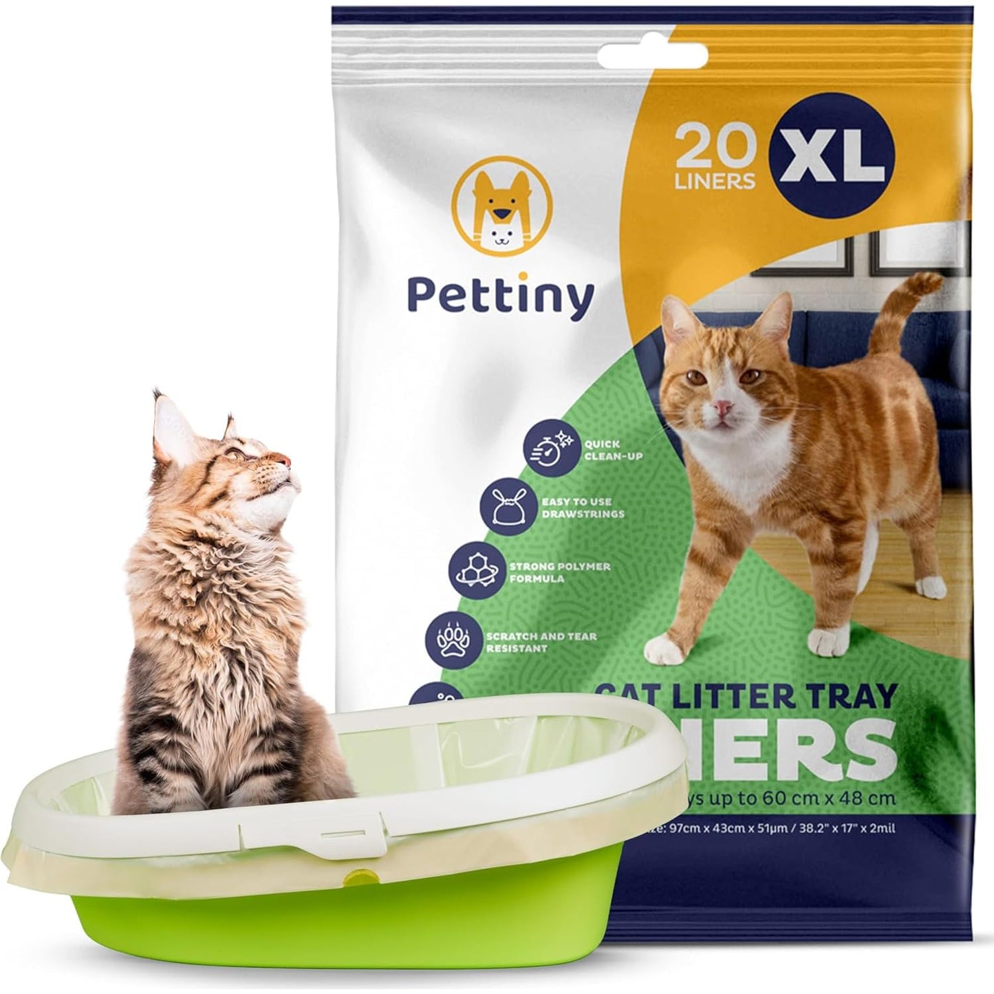 Pettiny 20 XL kaķu tualetes maisi ar savilkšanas saitēm, pret skrāpējumiem izturīgi maisi īpaši lielai kaķu tualetei
