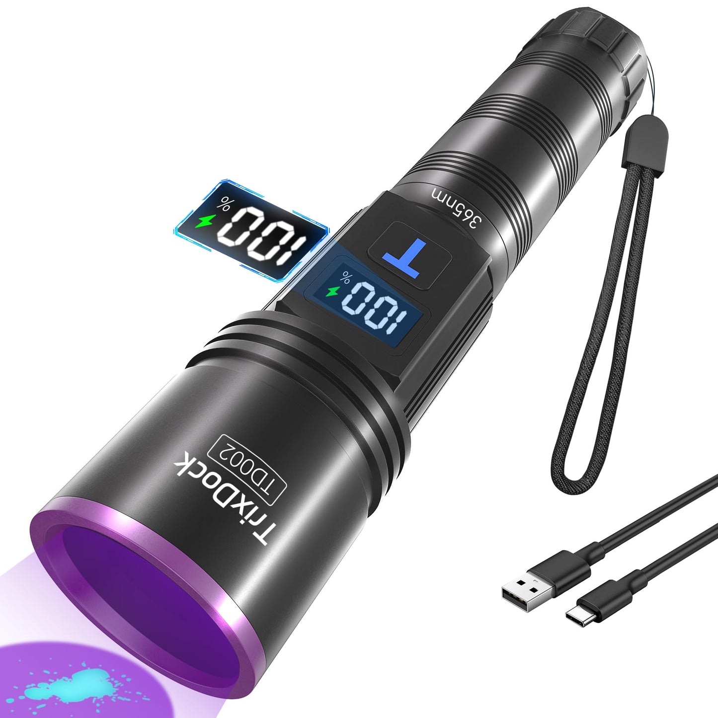 UV lukturītis TrixDock 365nm, uzlādējams, 4 kodolu UV lampa ar LCD displeju