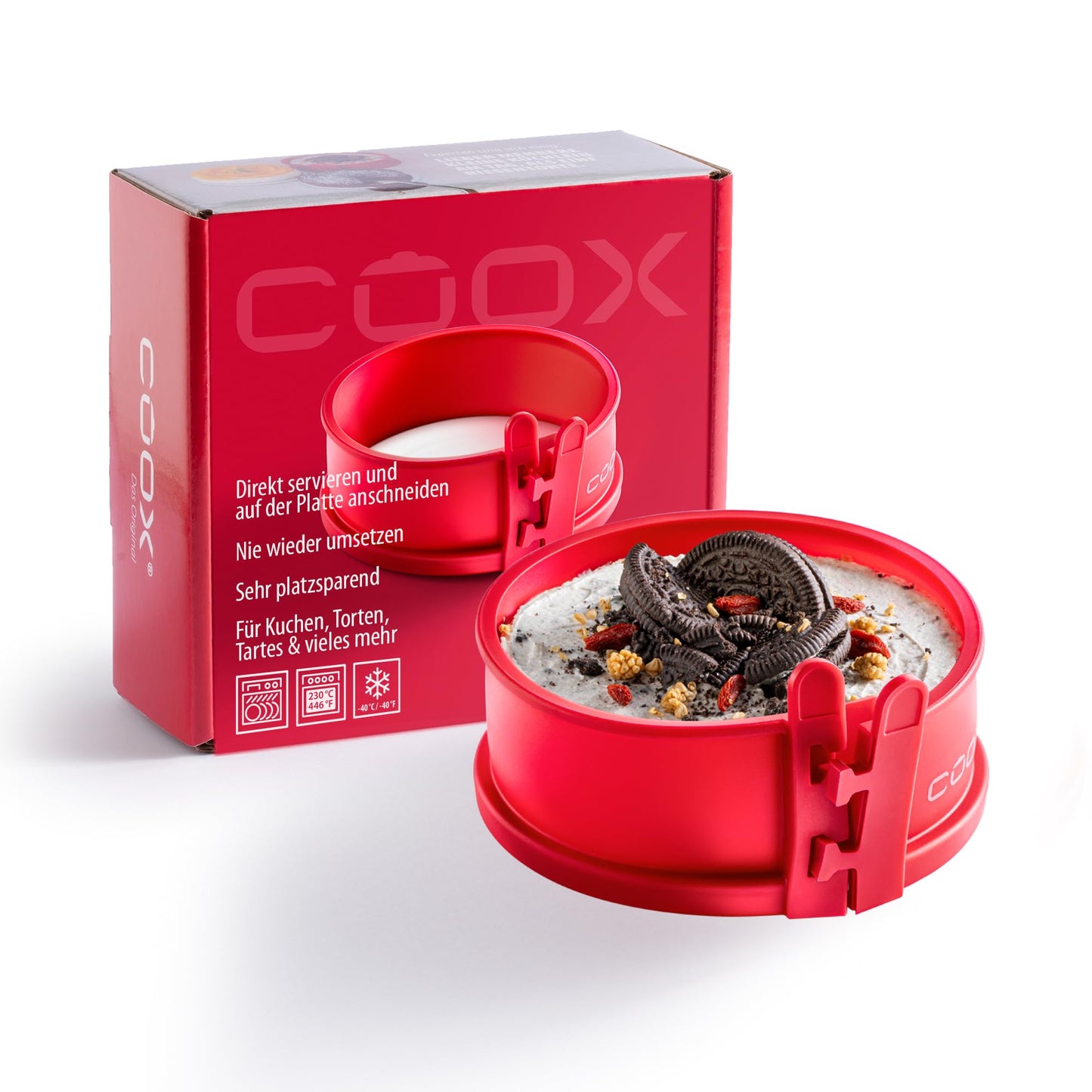 coox apaļa cepamforma ar porcelāna plāksni Ø 12 cm, cepšana un pasniegšana vienā, antiaderīgs silikons, mazgājama trauku mazgājamajā mašīnā, bez pārnešanas, BPA nesaturoša, sarkana