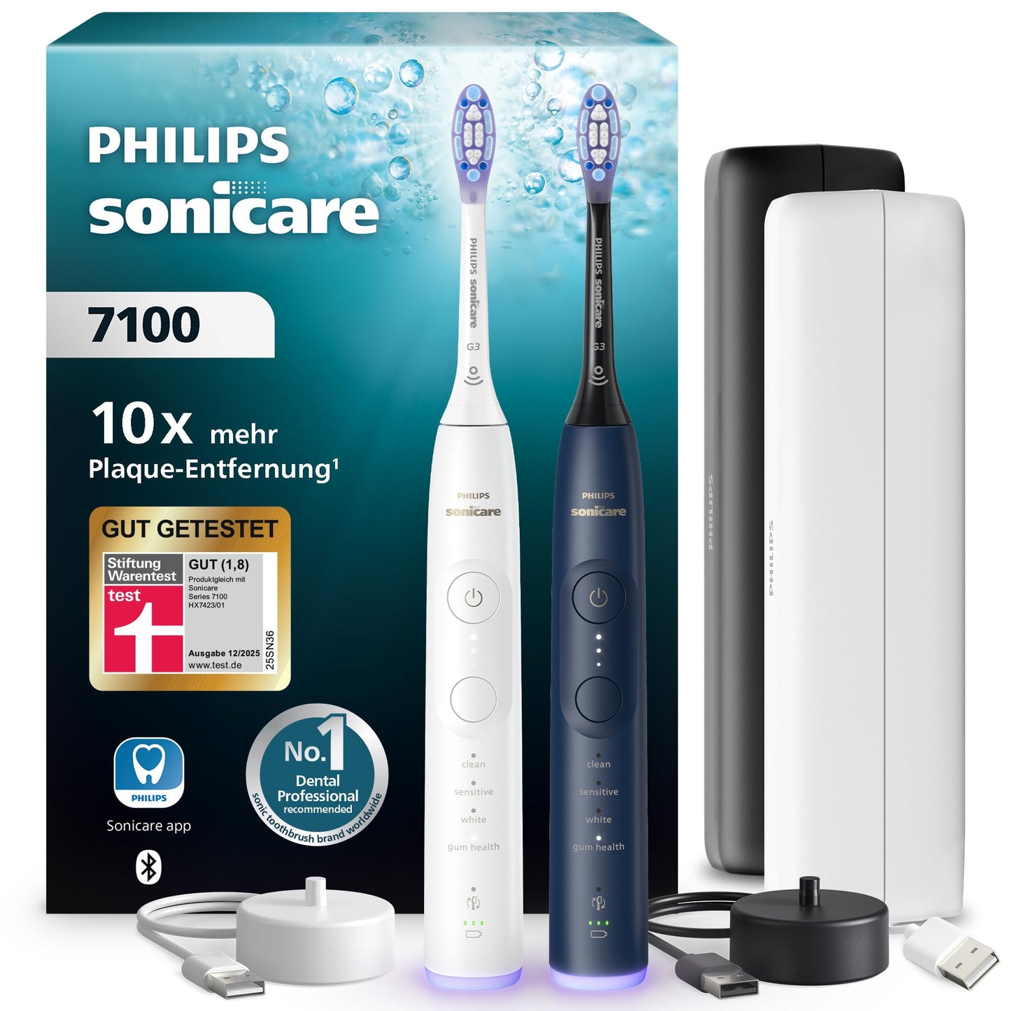 Elektriskā zobu birste Philips Sonicare 7100, soniskā zobu birste ar lietotni, 4 tīrīšanas režīmi, 3 intensitātes līmeņi, spiediena kontrole, EasyStart, balta un jūras zila, 2 gab. komplekts, HX7429/01
