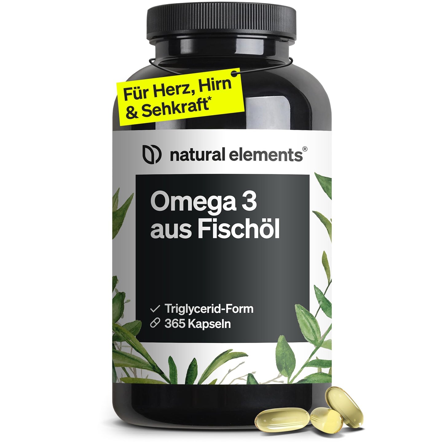 Omega 3 natural elements – 365 kapsulas, 2000mg zivju eļļas dienas devā, ar EPA un DHA triglicerīdu formā, laboratoriski pārbaudīts, rūpīgi attīrīts