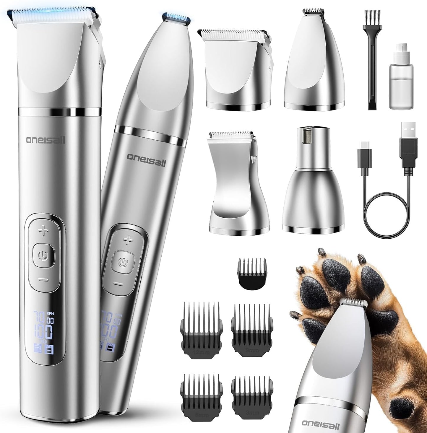 Suņu spalvu griešanas mašīna oneisall 4 in 1, klusa ķepu trimmeris, LCD displejs, kaķu un suņu šķērveida mašīna, ķepu trimmeris, spalvu skuveklis un nagu slīpmašīna ķermenim, ķepām, acīm, ausīm (Silver)