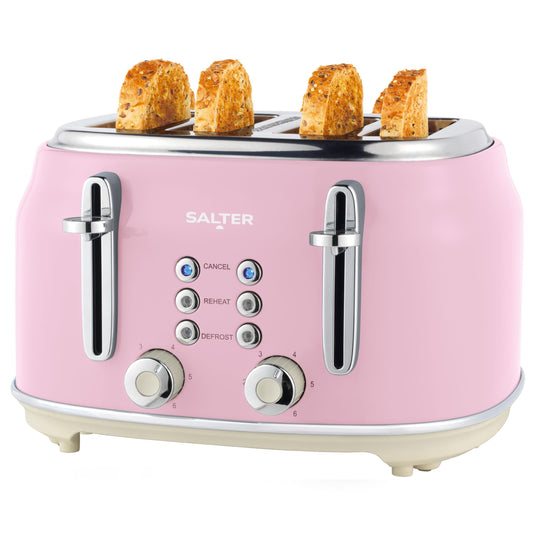 Salter Retro Toaster - 4 slices, wide slots, 6 browning levels, defrost, reheat, cancel functions, removable crumb tray, pink