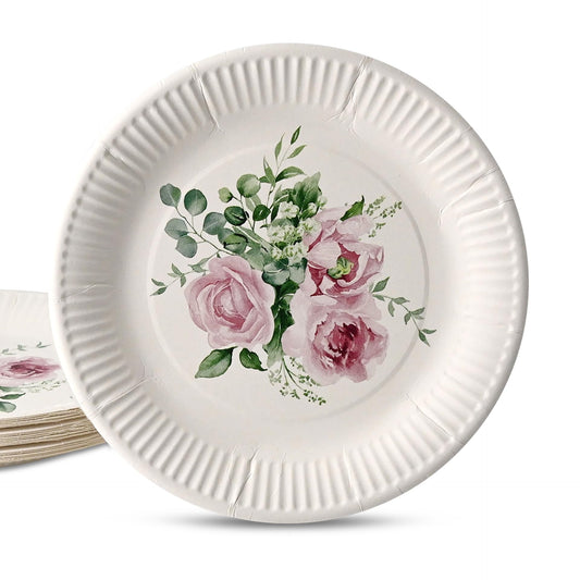 GREENBOX 8x kartona šķīvji - 23 cm rozes un eikalipts, bez plastmasas, vienreizlietojamie trauki, JGA dekorācijas