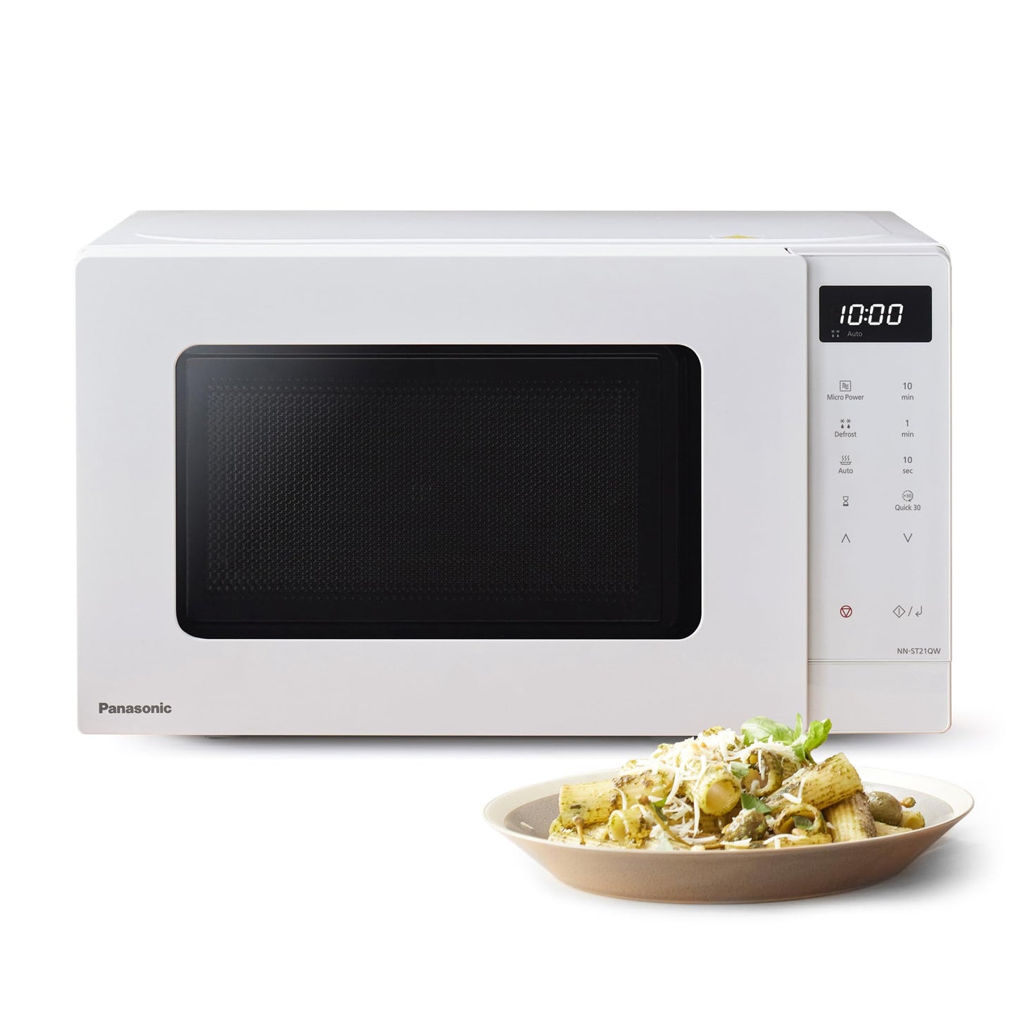 Panasonic NN-ST21QWEPG 20L solo mikroviļņu krāsns ar griežamo plati, 800 W, automātiskā atkausēšana, 11 automātiskās programmas, LED displejs, 5 jaudas līmeņi, digitālais taimeris, balta.