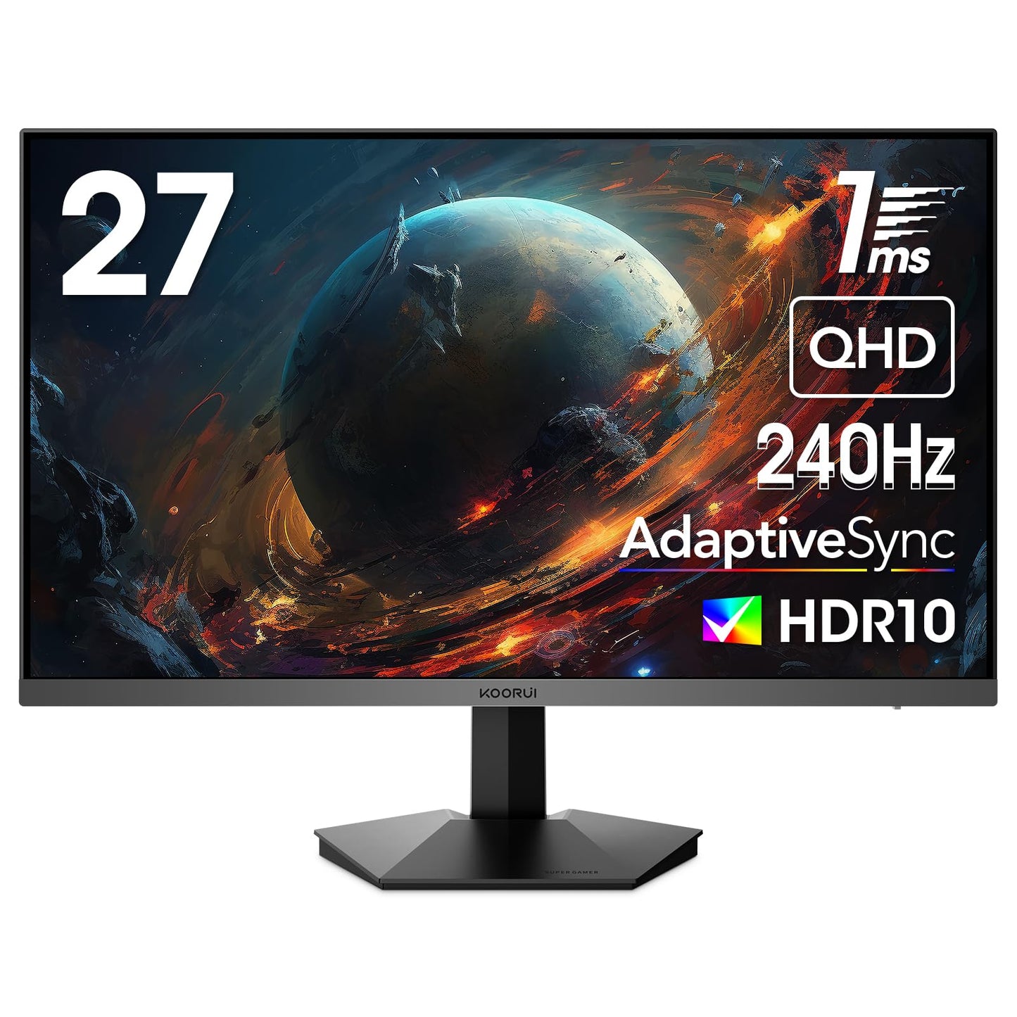 KOORUI 27" spēļu monitors - 2K QHD, 240 Hz, 1 ms, adaptīvā sinhronizācija, HDMI, DisplayPort, HDR10, melns