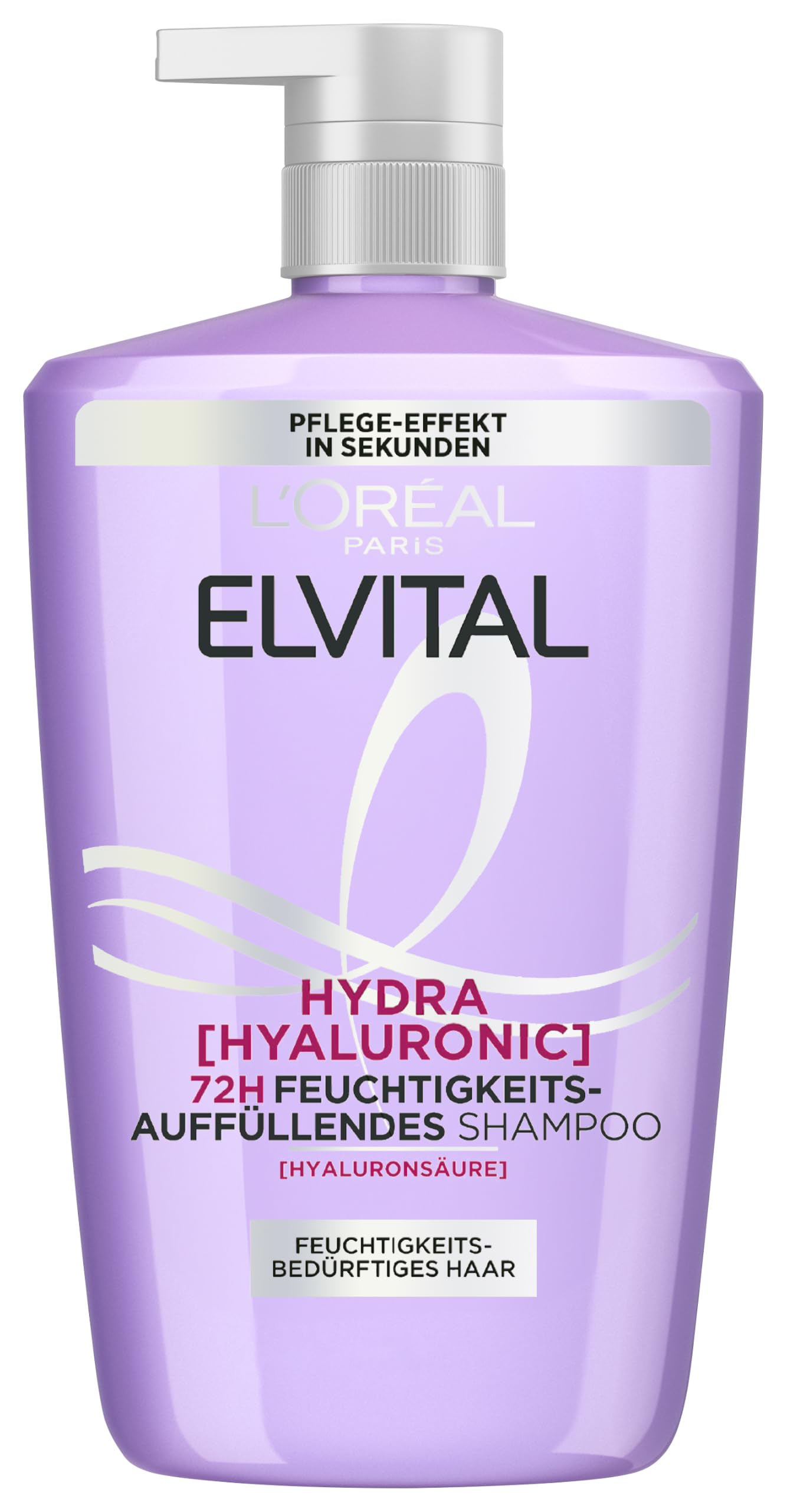 Šampūns L'Oréal Paris Elvital Hydra Hyaluronic mitrinošs XXXL matiem ar spīdumu, hialuronskābes šampūns mitruma pieplūdumam un aizsardzībai, ilgstošs mitrums un kopšana, 1000ml