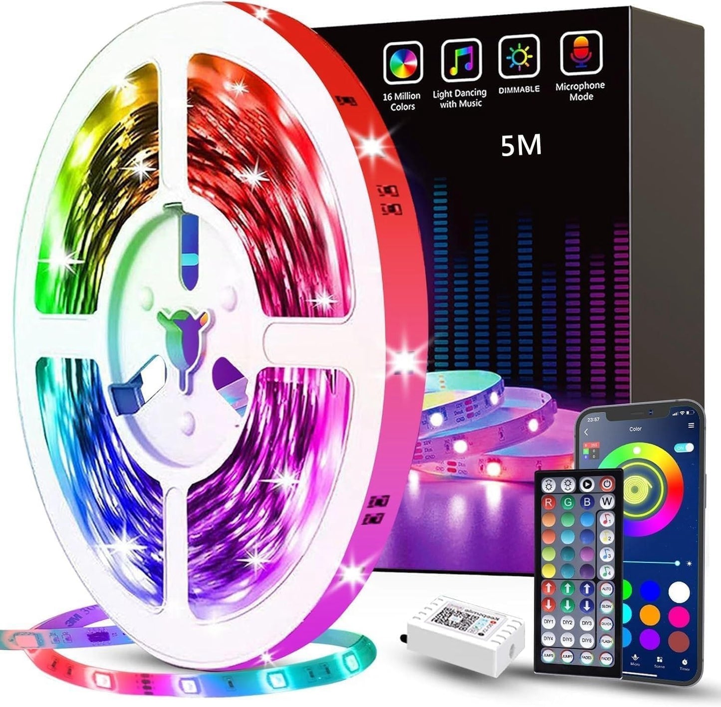 Tenmiro LED lente 5m, RGB LED lente ar mūzikas sinhronizāciju, pašlīmējoša LED virtene ar tālvadības pulti un lietotni, dimmējama krāsu maiņas LED lenta spēļu, ballīšu un istabas dekoram