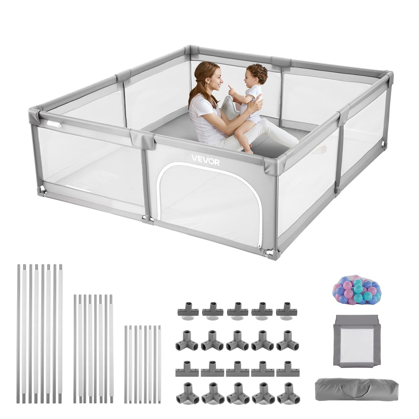 Bērnu manēža VEVOR 200x149 cm, iekštelpām un ārā, ar 50 okeāna bumbiņām, rāvējslēdzēja durtiņām un elpojošu tīklu