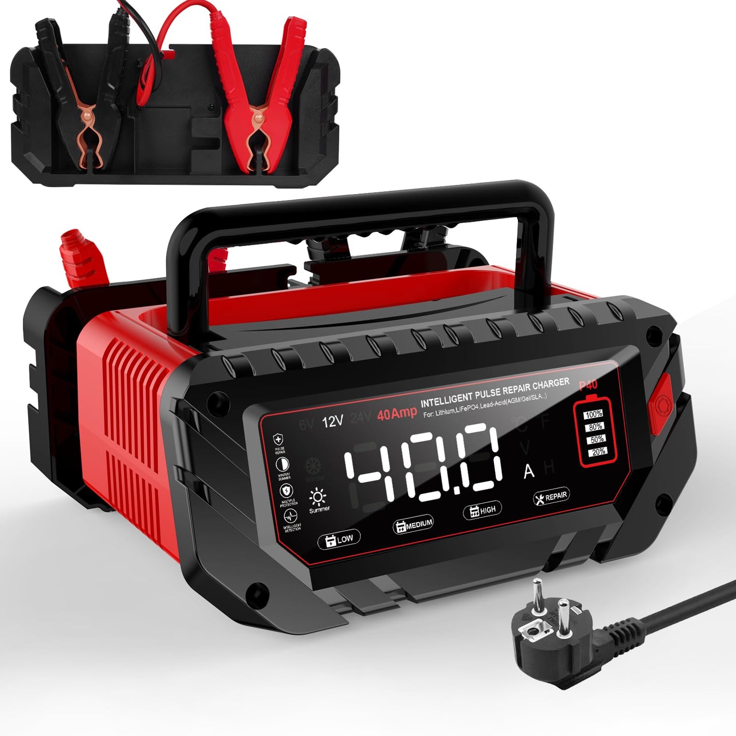 Automašīnas akumulatora lādētājs Haisito 40A, LCD displejs, 6V/12V/24V akumulatoru lādētājs automašīnām, lauksaimniecības tehnikai, laivām, Lithium LiFePO4 un svina-skābes akumulatoriem (AGM, MF, EFB u.c.)