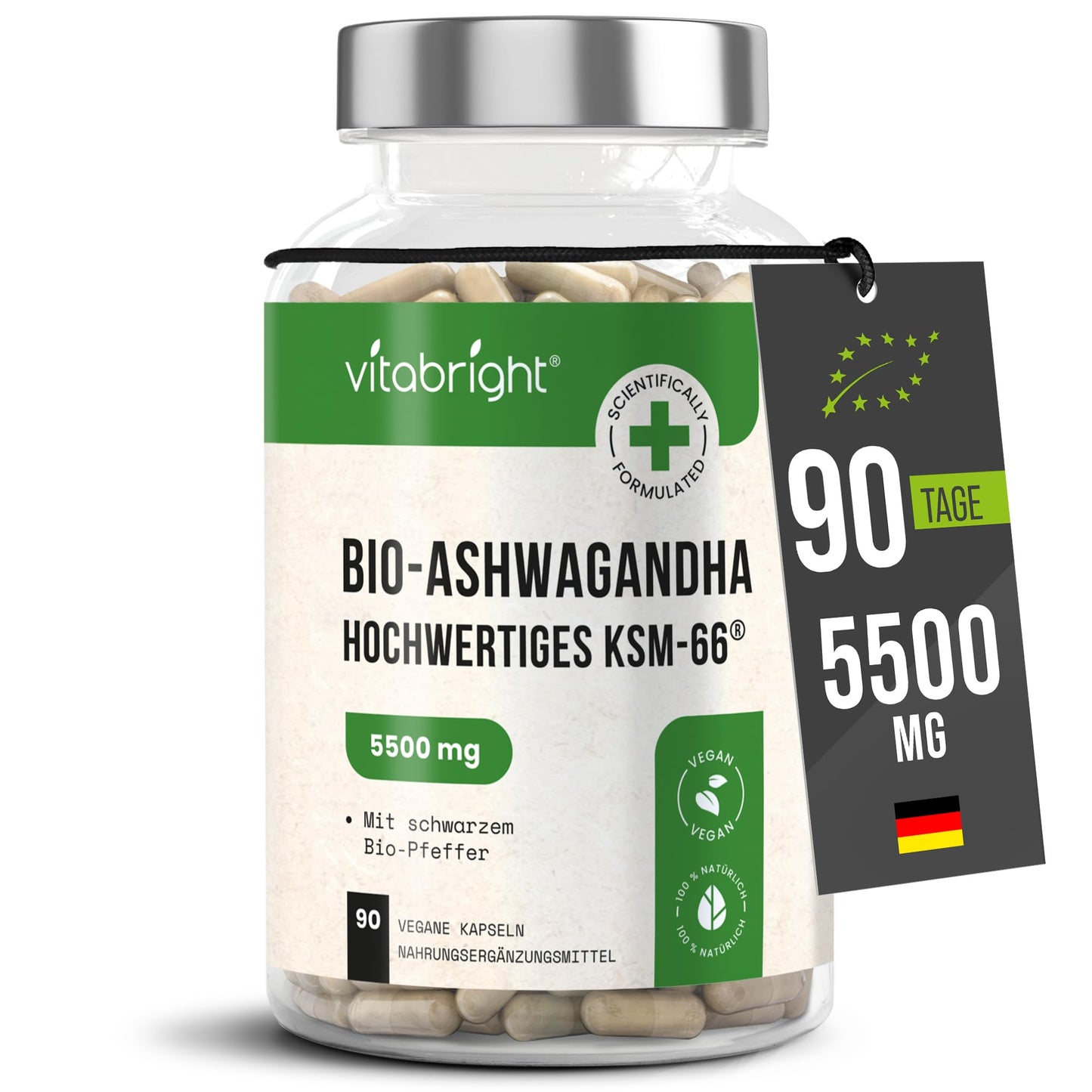 Ašvaganda KSM-66 kapsulas, 5500mg ekvivalents, 550mg 10:1 koncentrēta ekoloģiska ekstrakta, ar melnajiem pipariem, 90 kapsulas, 3 mēnešiem