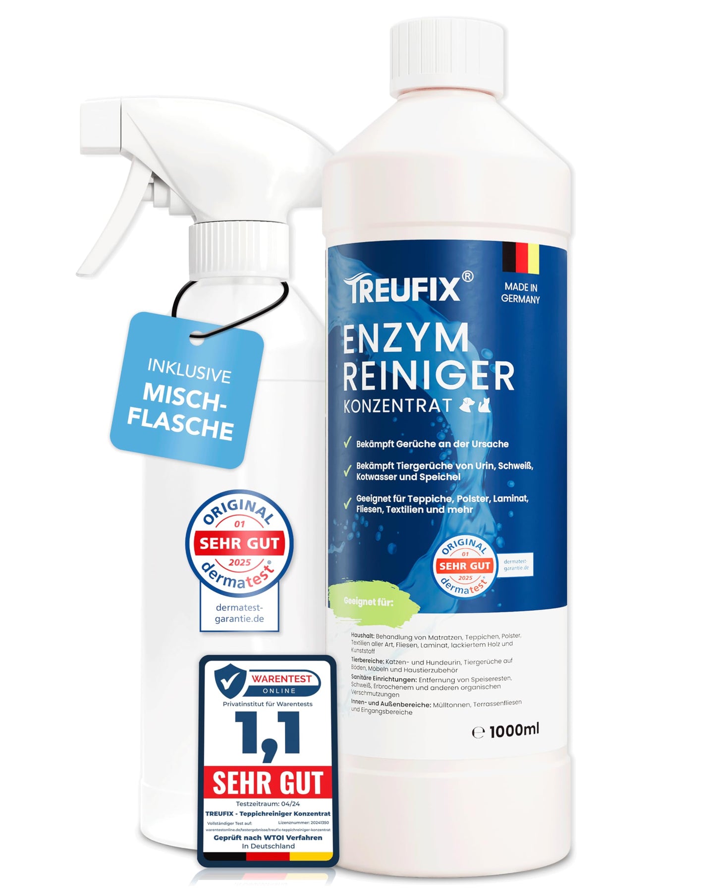 Treufix enzīmu tīrīšanas līdzekļa koncentrāts 1L komplektā ar 500ml maisīšanas pudeli