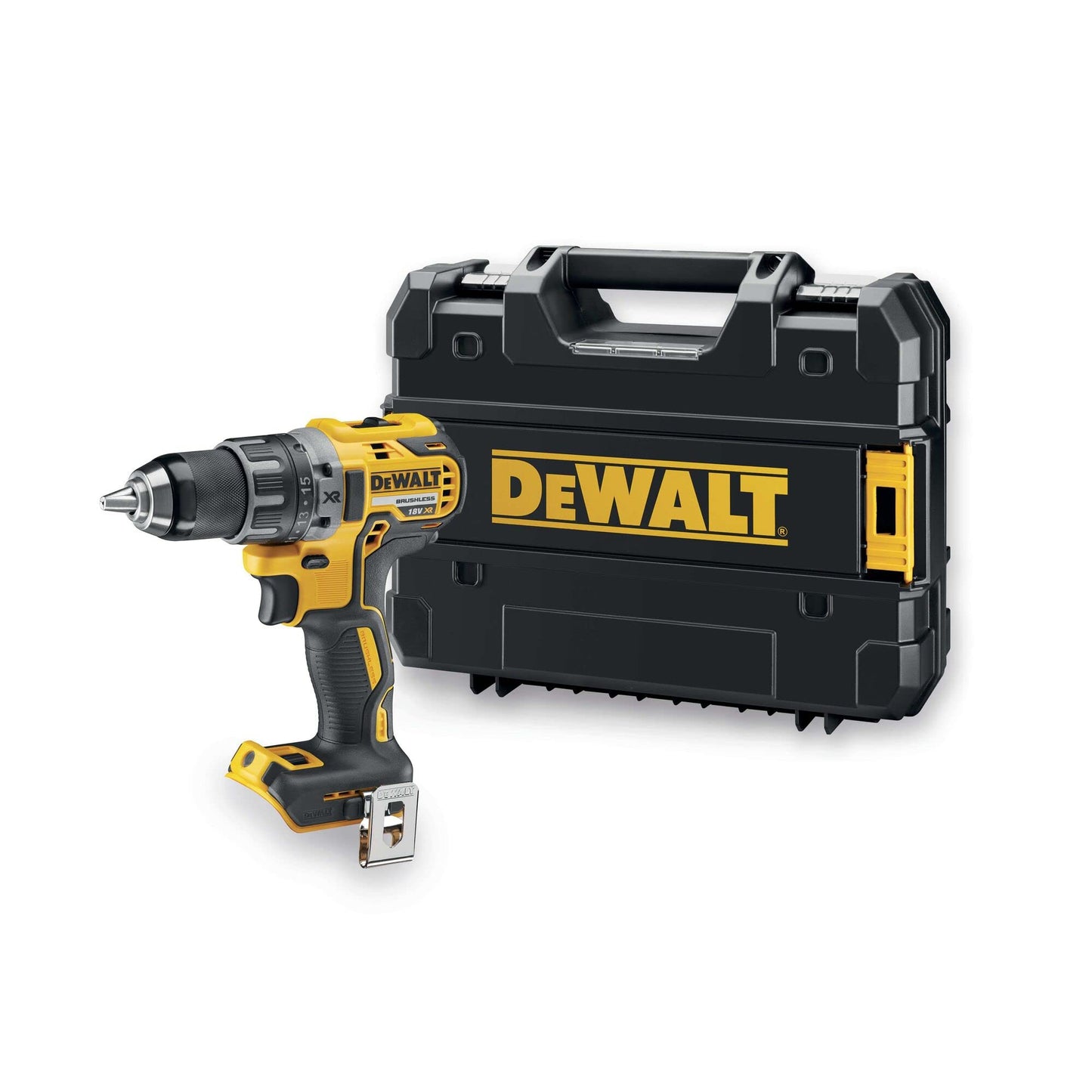 Dewalt 18V DCD791NT - 2-speed metal gearbox, brushless motor, 13mm keyless chuck, LED light, battery and charger not included.