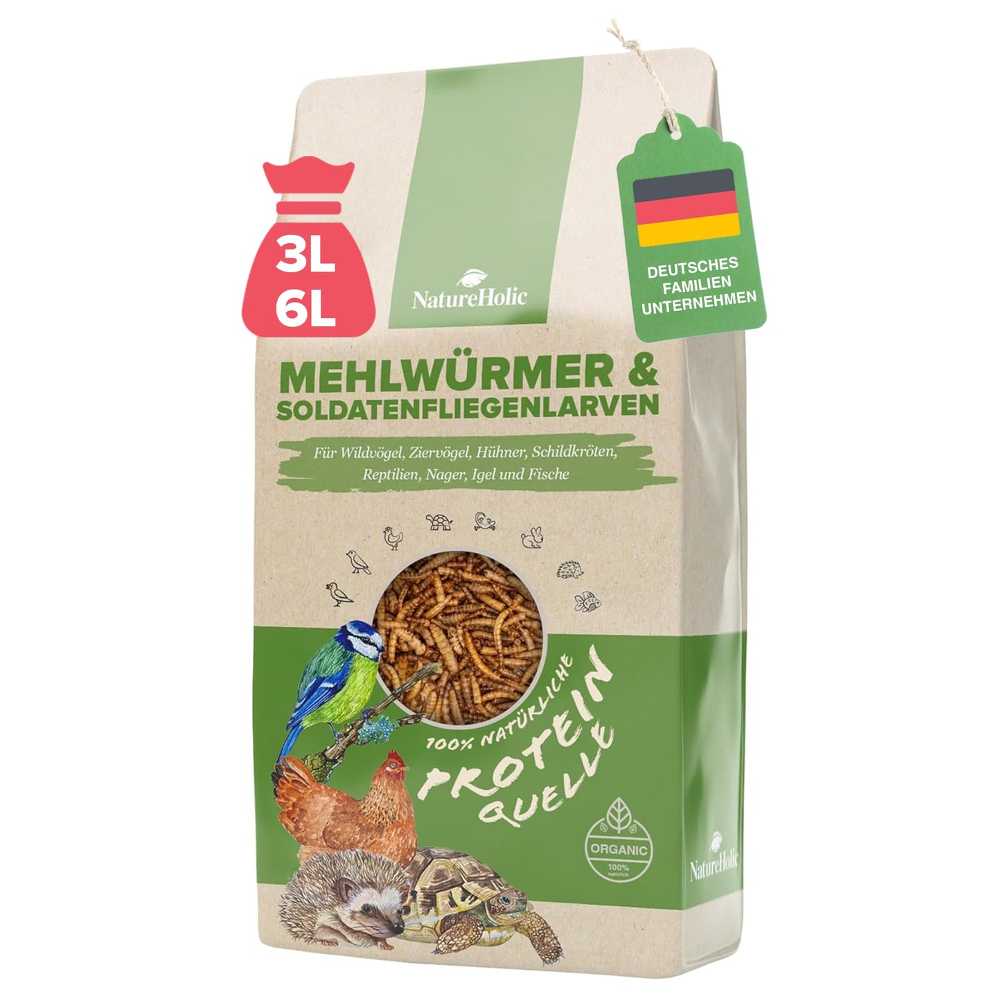 Žāvēti miltu tārpi un melnās karavīru mušas kāpuri NatureHolic, olbaltumvielām bagāta barība putniem, pīlēm, grauzējiem, ežiem, vāverēm, vistām un rāpuļiem, 460 g