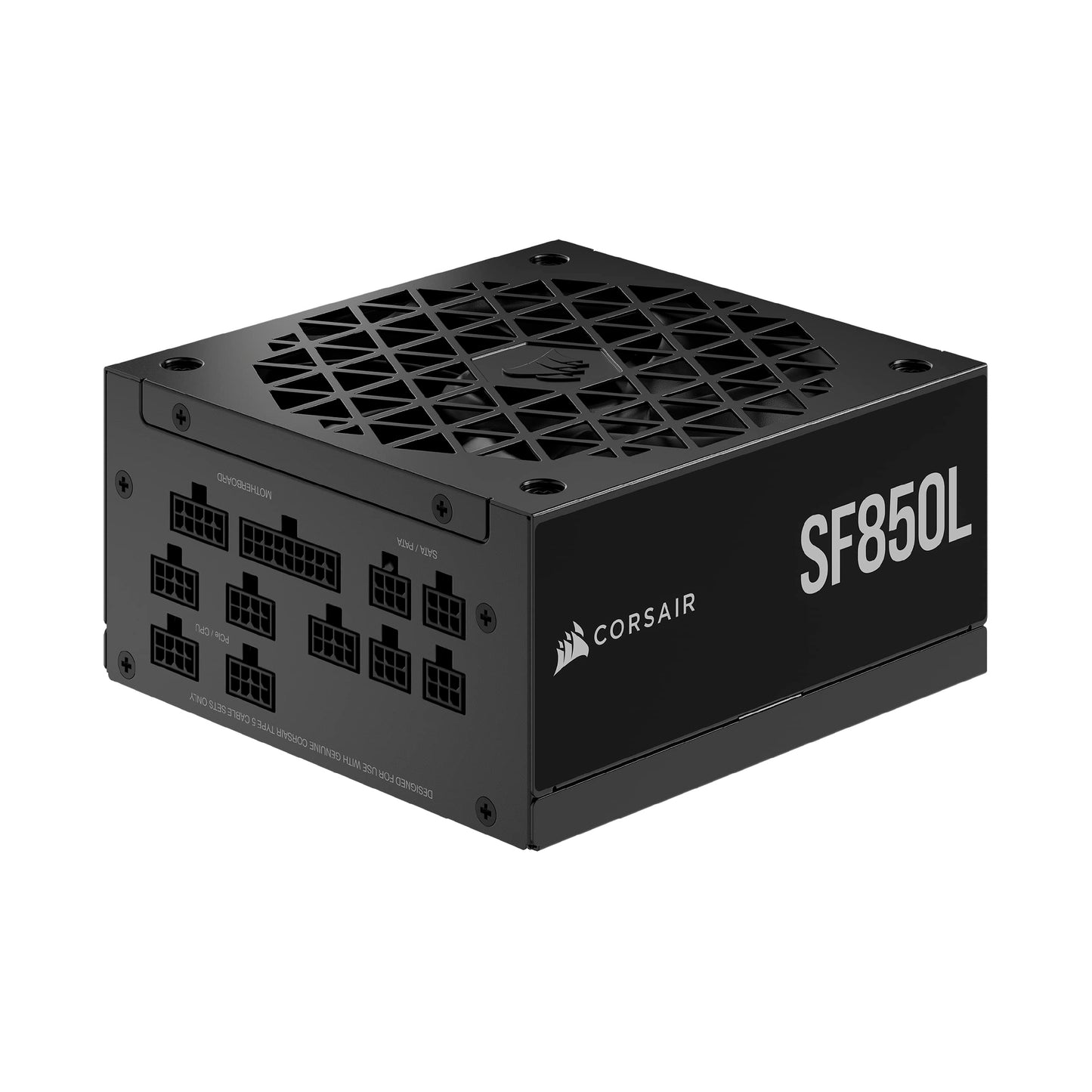 Corsair SF850L - Fully modular SFX power supply, 850W, ATX 3.0, PCIe 5.0, quiet 120mm PWM fan, 80 Plus Gold efficiency.
