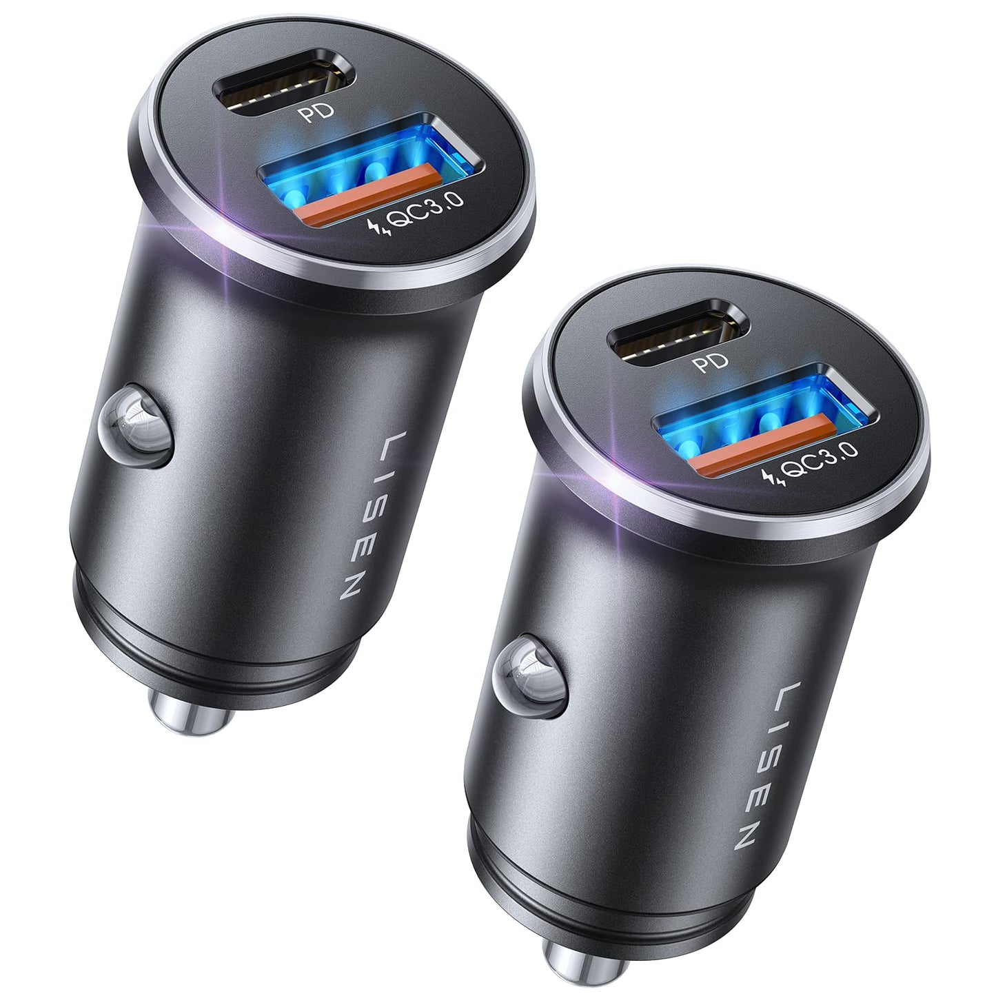 Auto lādētājs LISEN 2-Pack, 54W metāla cigarešu aizdedzinātāja USB-C lādētājs, PD&QC3.0 12V USB adapteris, ātra uzlāde iPhone 17 Pro Max Air, Galaxy S25 Ultra, iPad