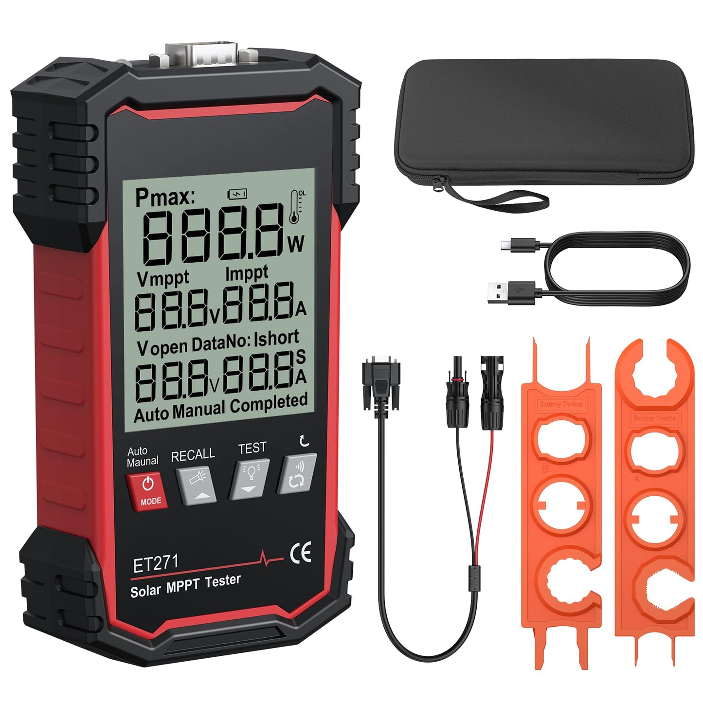 Saules paneļu testeris XUNTOP Photovoltaik 2000W MPPT, multimeters, ±1,5%, LCD displejs, Type-C ātrā uzlāde