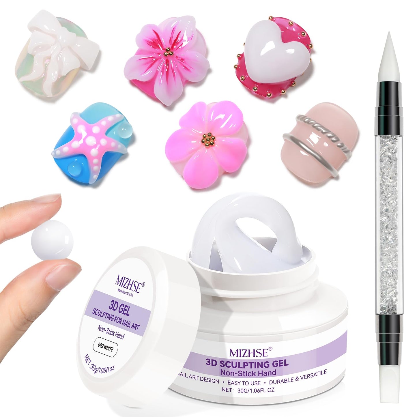 3D skulptēšanas gēls MIZHSE White, 30 g, nagu mākslai un modelēšanai
