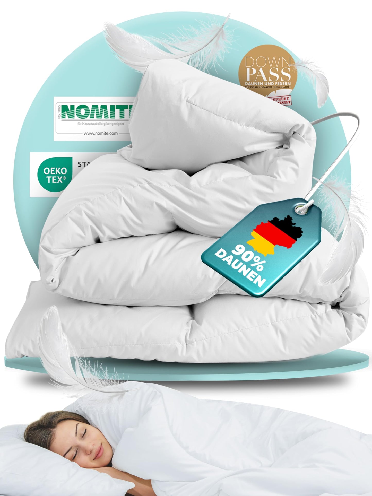 BEFA NATUR dūnu sega visam gadam 135x200 cm | 90% dūnas & 10% spalvas | pildījuma svars 624g | piemērota alerģijas slimniekiem (NOMITE) | dzīvnieku labturības sertifikāts (DOWNPASS) | Oeko-TEX 1. klase | Ražota Vācijā