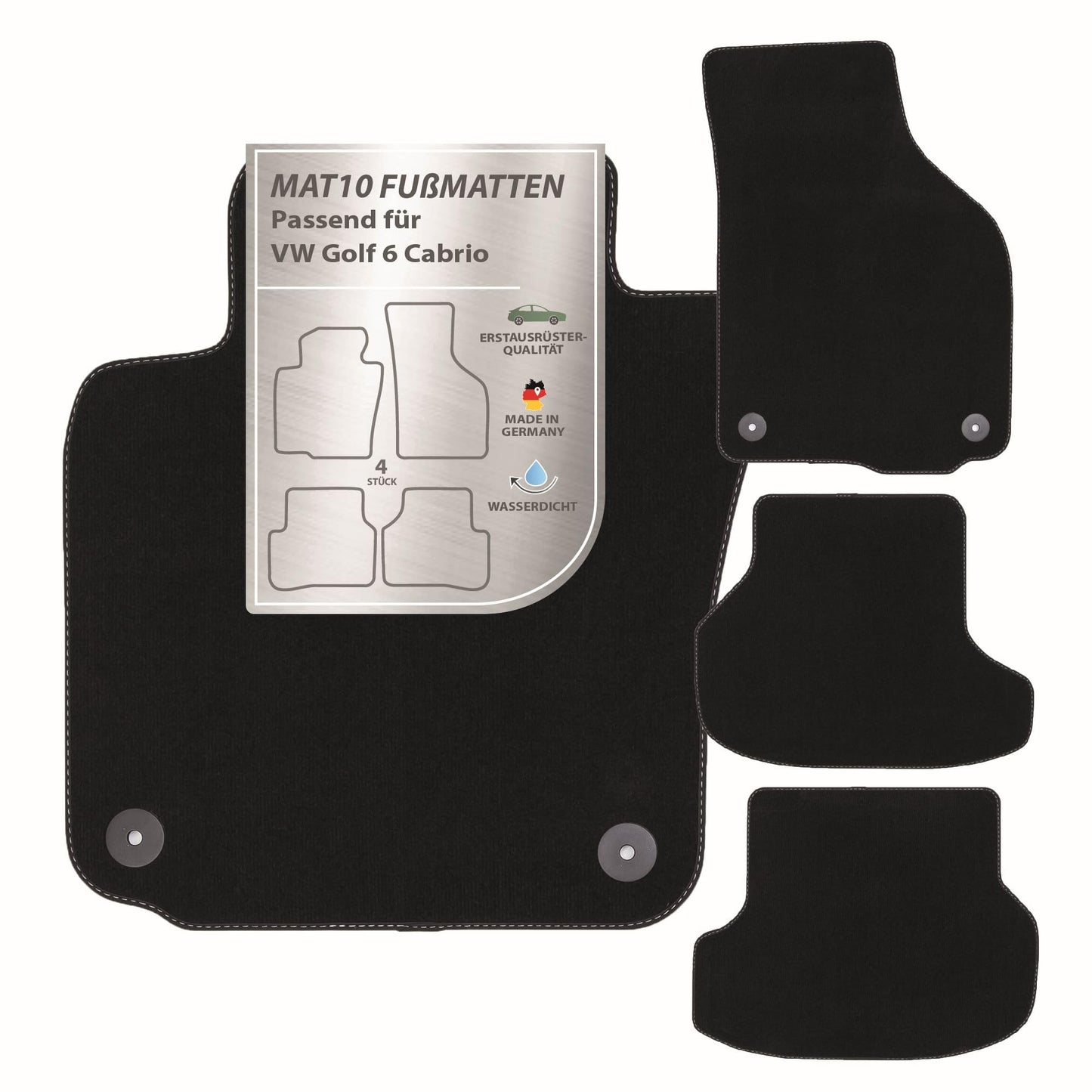 MAT10 – automašīnu paklāji piemēroti VW Golf 6 kabrioletam (BJ 06/2011 - 03/2016, tips 5K1) no velūra | 4 daļu automašīnu paklāju komplekts | izturīga oriģinālo ražotāju kvalitāte, Ražots Vācijā