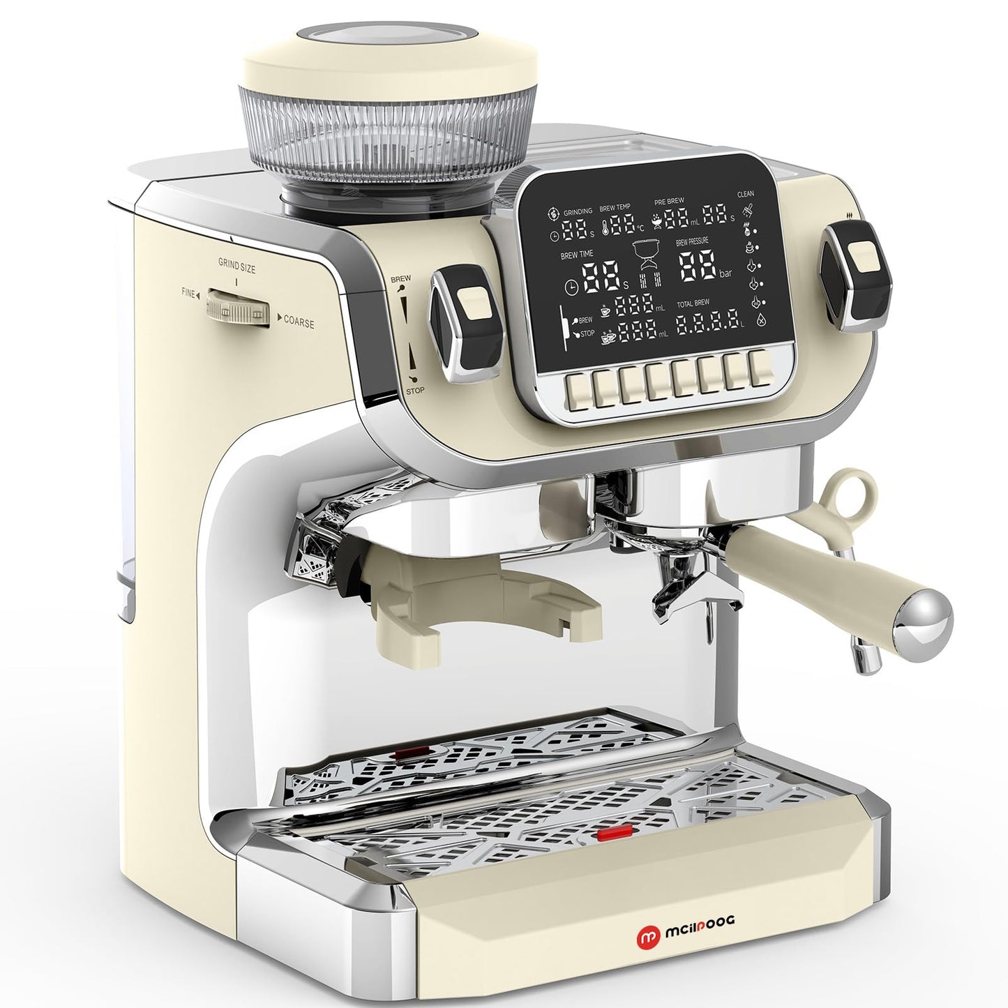 Mcilpoog TC520 espresso automāts - pusautomātiska kafijas automāts ar dzirnaviņām, 15 bāru spiediena sūknis, 15,2 cm ekrāns.