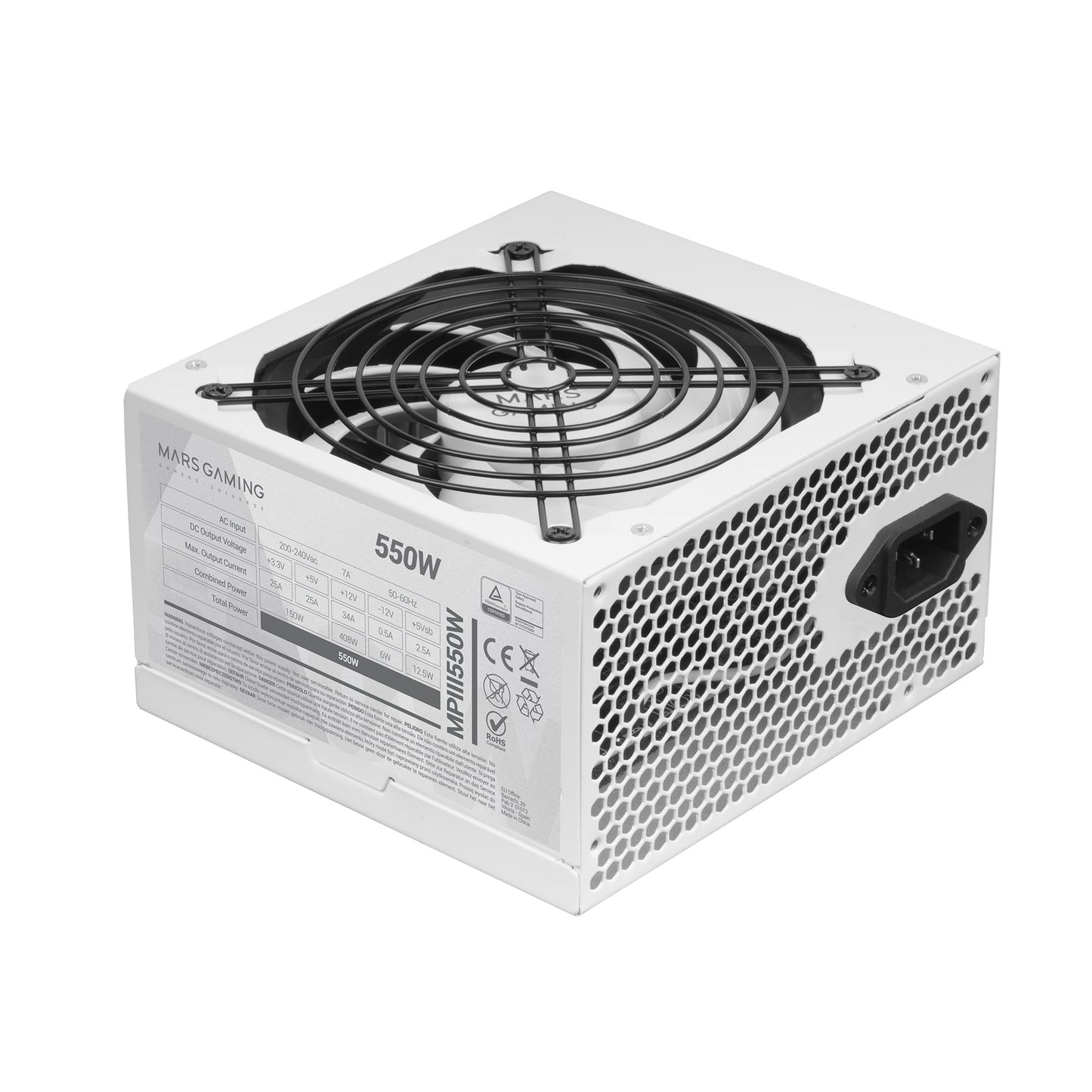 MARSGAMING MPIII550 - 550W ATX power supply, 85% efficiency, Silent AI-RPM technology, 5-year warranty, white design