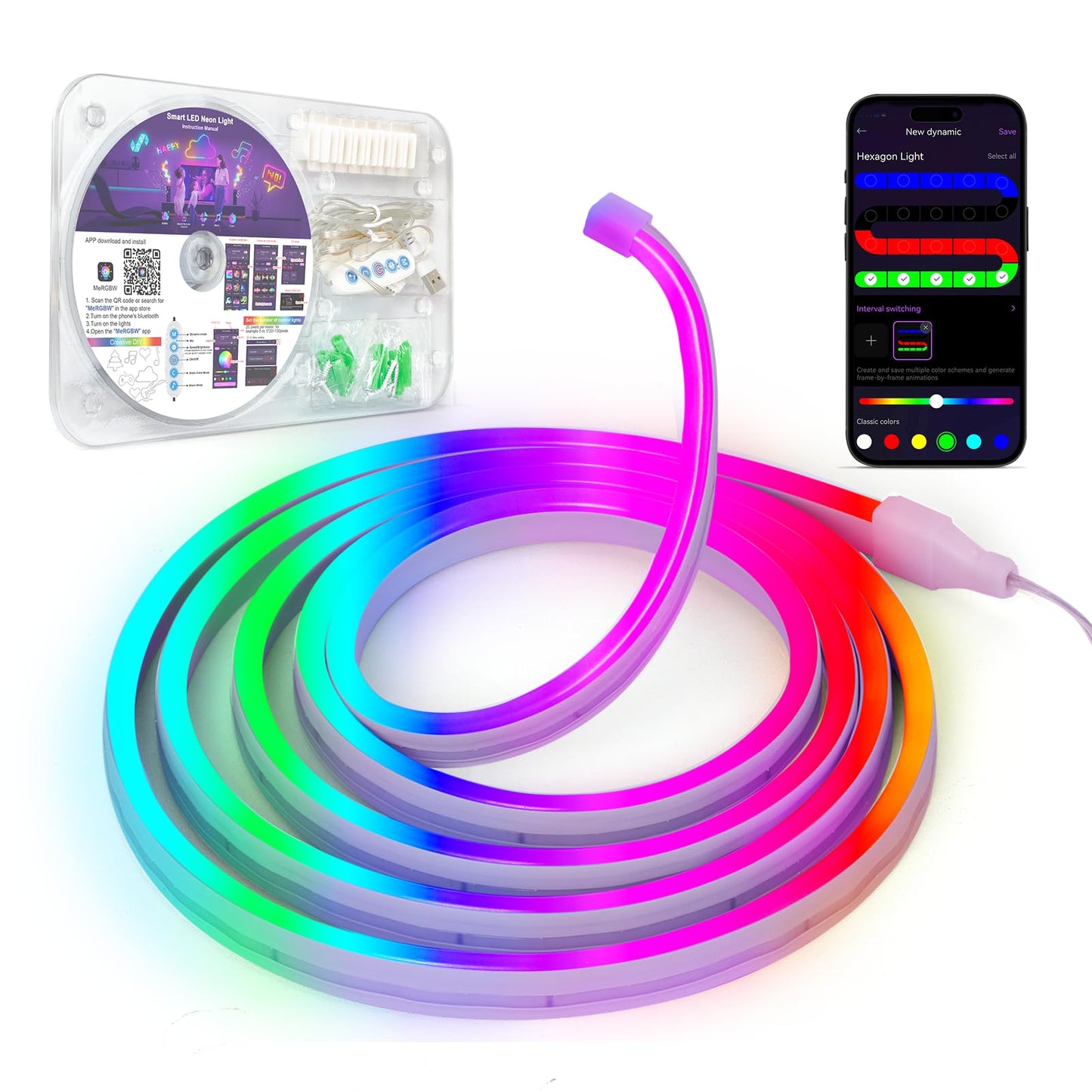 Neona LED lente Kangtaixin 2m ar lietotnes vadību, elastīga RGB 5V LED lente, mūzikas sinhronizācija, DIY formas, viesistabai, guļamistabai un gaming dekoram