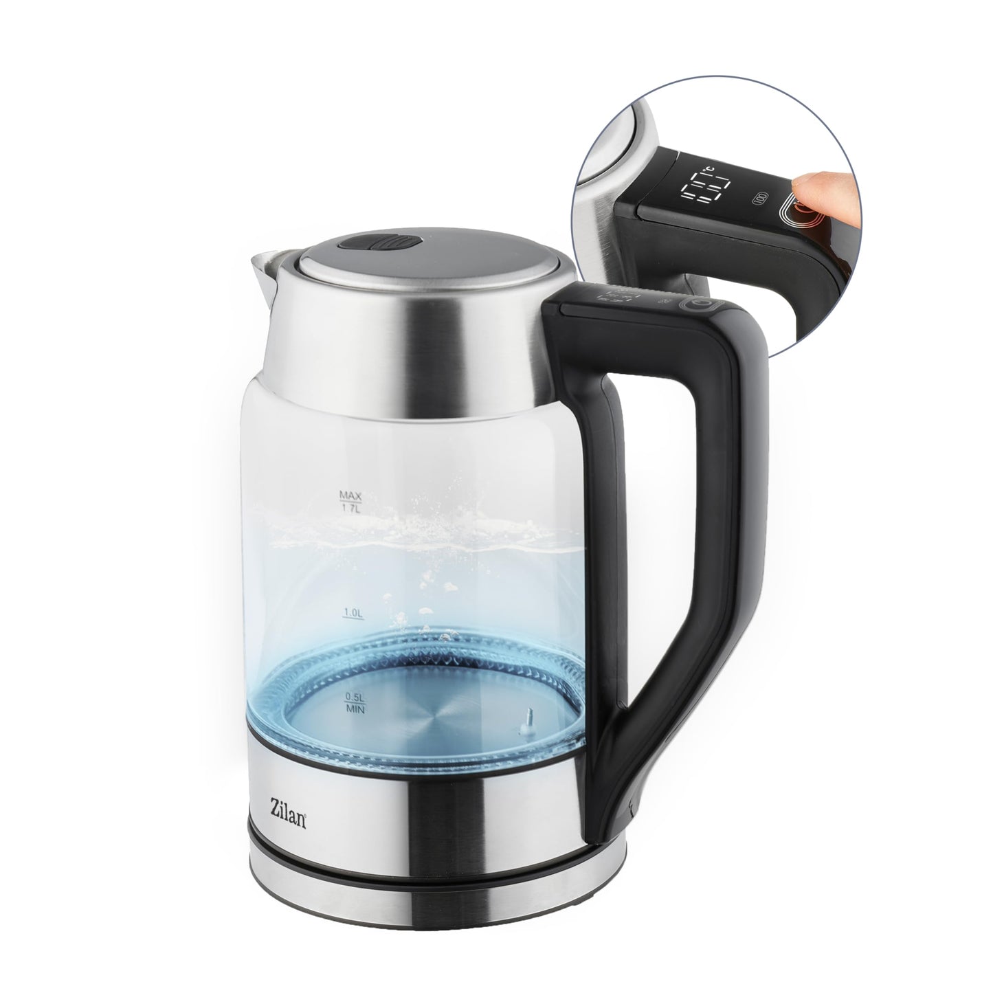 Zilan digitālais stikla ūdens vārītājs - 1,7L, digitālais panelis, zils LED apgaismojums, 2200W, aizsardzība pret sausvārīšanu.