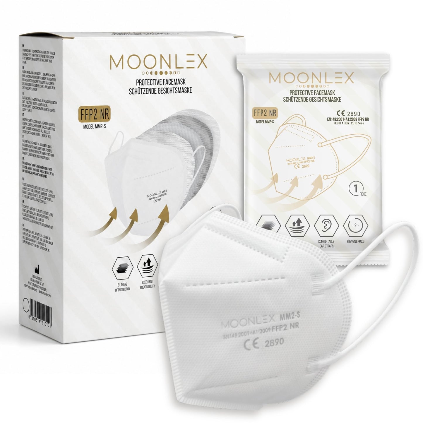 Moonlex FFP2 maskas, balta, 5 slāņi, higiēniski iepakotas atsevišķi, sertificētas, EN149:2001+A1:2009, EU2016/425