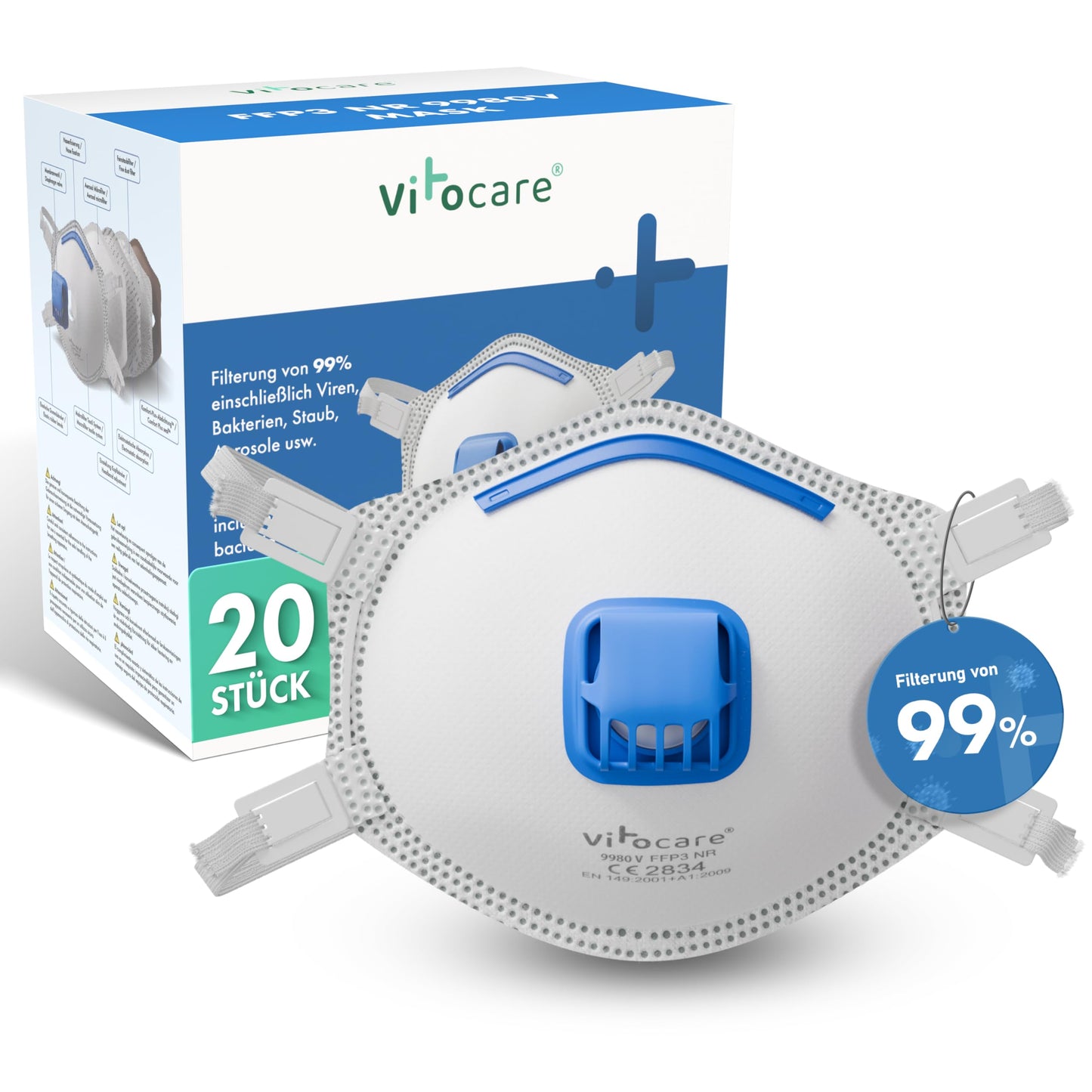 FFP3 respirators ar vārstu vitocare, 5x, 10x vai 20x, regulējama deguna stīpiņa, ergonomiska forma, aerosola mikrofiltrs