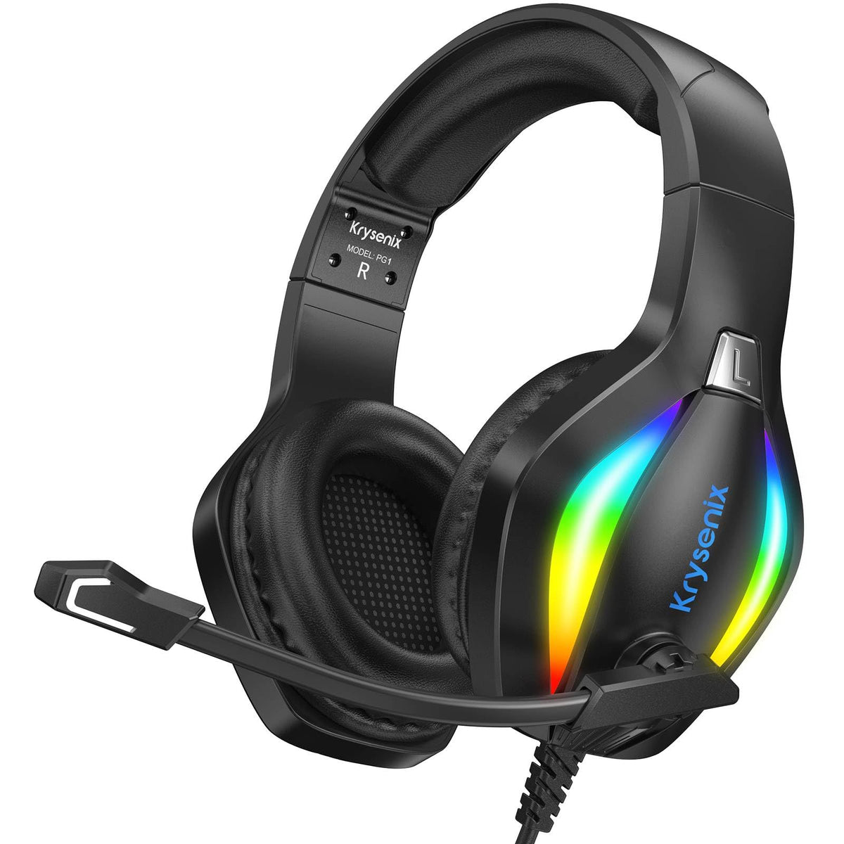 Krysenix PG1 RGB gaming headset PS4, PS5, PC, Nintendo Switch, Xbox, austiņas ar mikrofonu, trokšņu slāpējošas austiņas ar 3.5mm jack Black