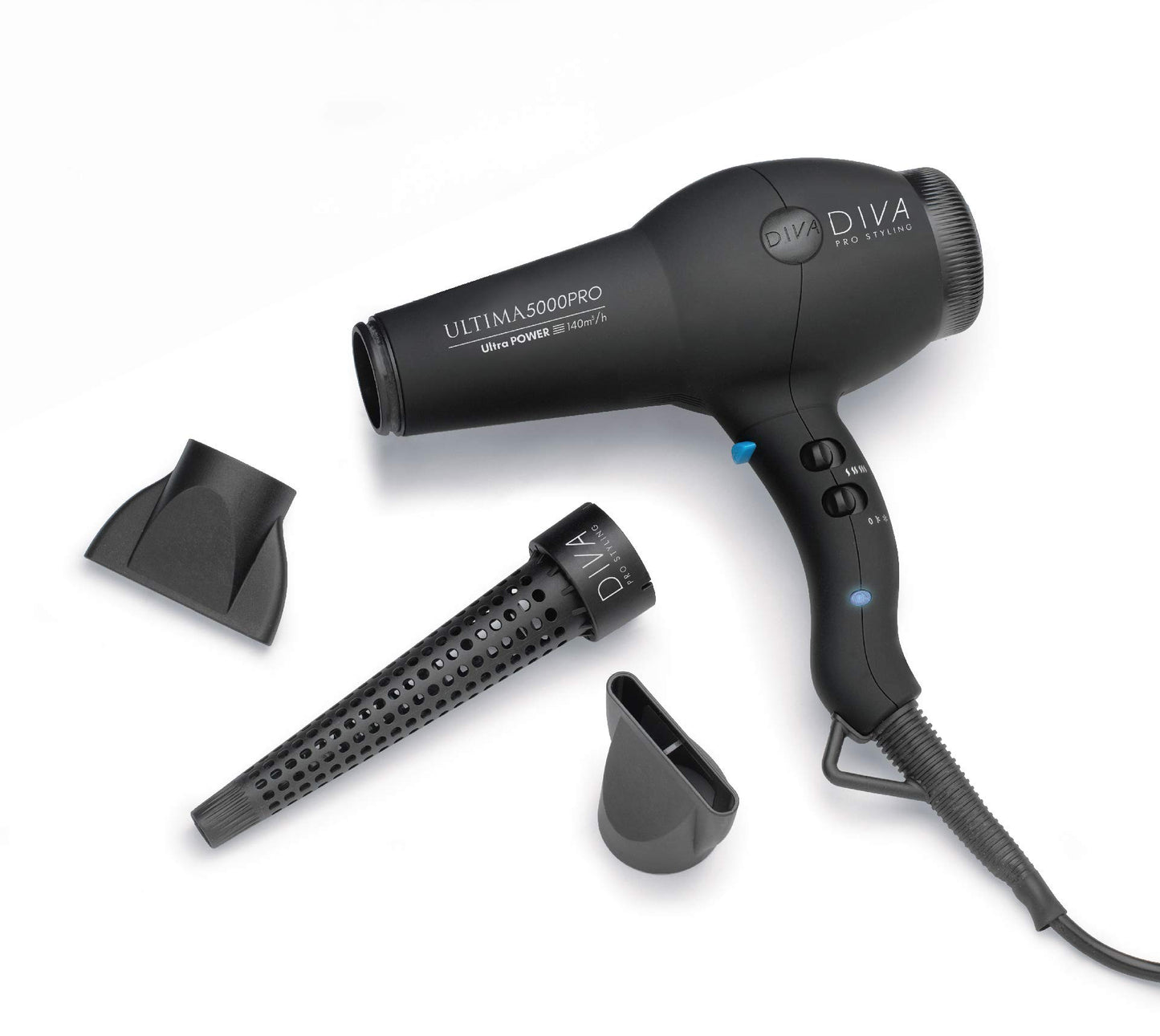 Diva Professional Styling Ultima 5000 melns gumijots matu fēns ar nūju