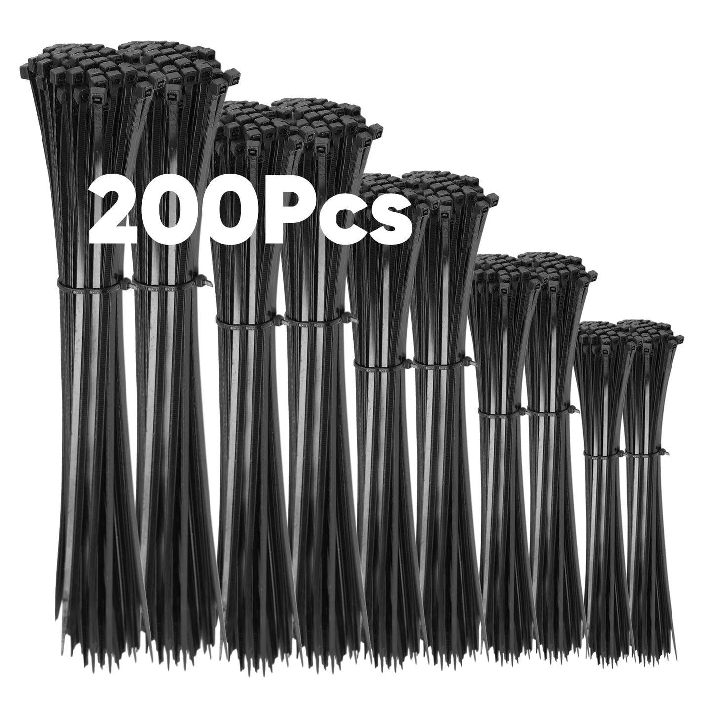 200 gab. melnu kabeļu savilcēju komplekts, 100/150/200/300 mm (katrs pa 50 gab.)