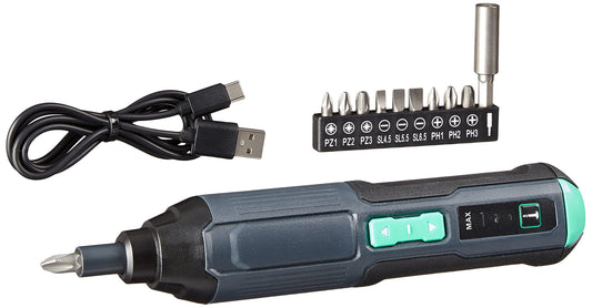 Amazon Basics by SKIL Rechargeable Screwdriver - 3.6V (4V max), 10-bit set, USB cable included.