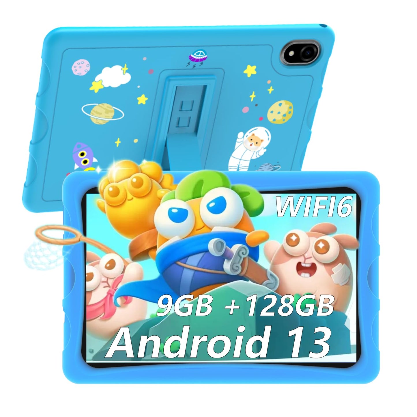 DOOGEE U10 Kid bērnu planšetdators 10,1 collas IPS HD, skārienjūtīgs planšetdators Quad Core Android 13, ar WiFi6, 9 GB + 128 GB/TF 1 TB, GMS, pārtikas kvalitātes silikona materiāls, Widevine L1 (zils)