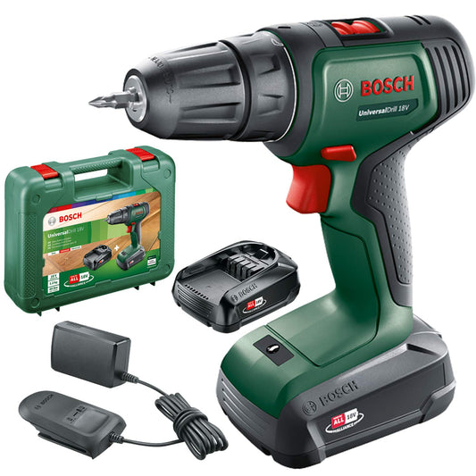 Bosch UniversalDrill 18V - 2 batteries, 18V system, includes carrying case, versatile cordless drill.