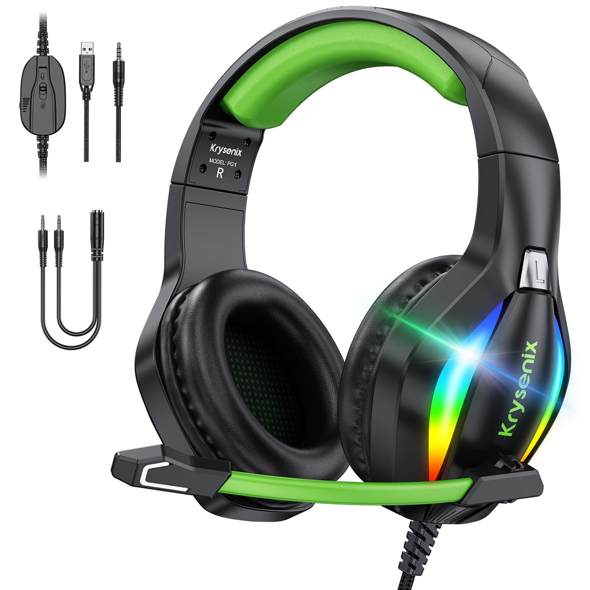 Gaminga austiņas Krysenix PG1 RGB PS4, PS5, PC, Xbox, Switch, tumši zaļas