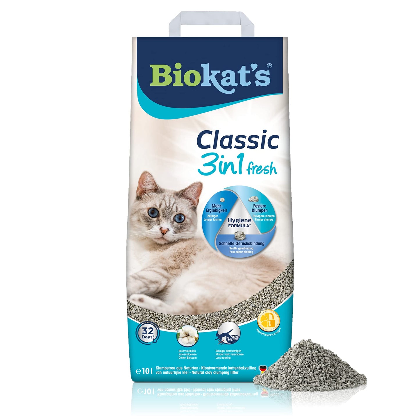 Kaķu pakaiši Biokat's Classic fresh 3in1 ar Cotton Blossom smaržu, bentonīta klumpējoši pakaiši, 3 dažādi graudu izmēri, 1 maiss (1 x 10 L)