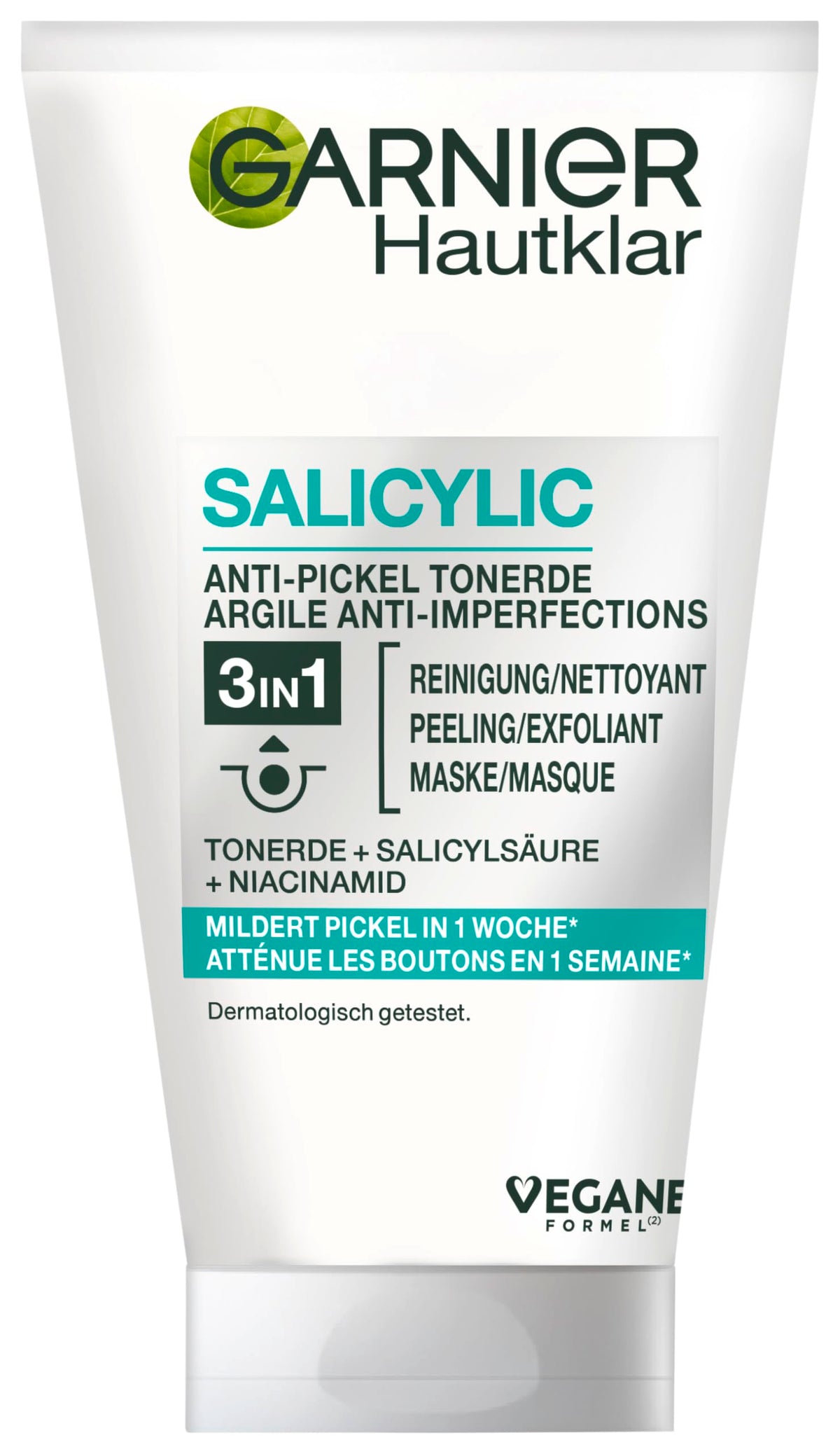 Sejas tīrīšanas gels Garnier Hautklar 3 in 1, problemātiskai ādai, attīrīšana, skrubis un maska, ar salicilskābi un mālu, 1 x 150 ml