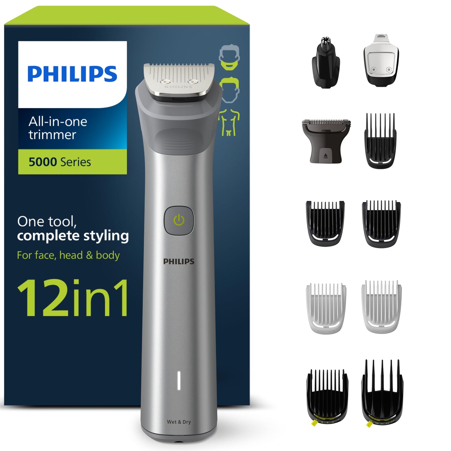 Philips Multigroom Series 5000, Viss vienā trimmeris, 12-in-1 bārdu trimmeris un matu griezējs sejai, galvai un ķermenim pilnīgai stilizēšanai, 14 garuma iestatījumi (0,5–16 mm) (modelis MG5950/15)
