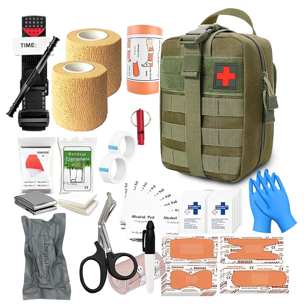 Militārais pirmās palīdzības komplekts outdoor, 61 detaļa, First Aid Kit Military, pilns IFAK, ārkārtas un izdzīvošanas komplekts pārgājieniem, medībām, kempingam, mājai un auto, militāri zaļš