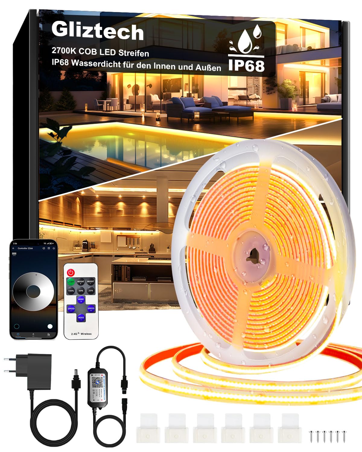 COB LED lente Gliztech 15M IP68 ūdensizturīga, 24V LED strip COB