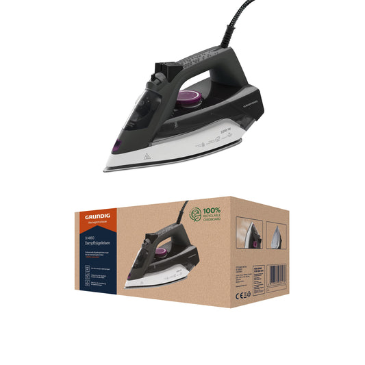 Grundig SI 4850 steam iron - gray, white, purple, unique design, powerful steam performance, ergonomic handle.