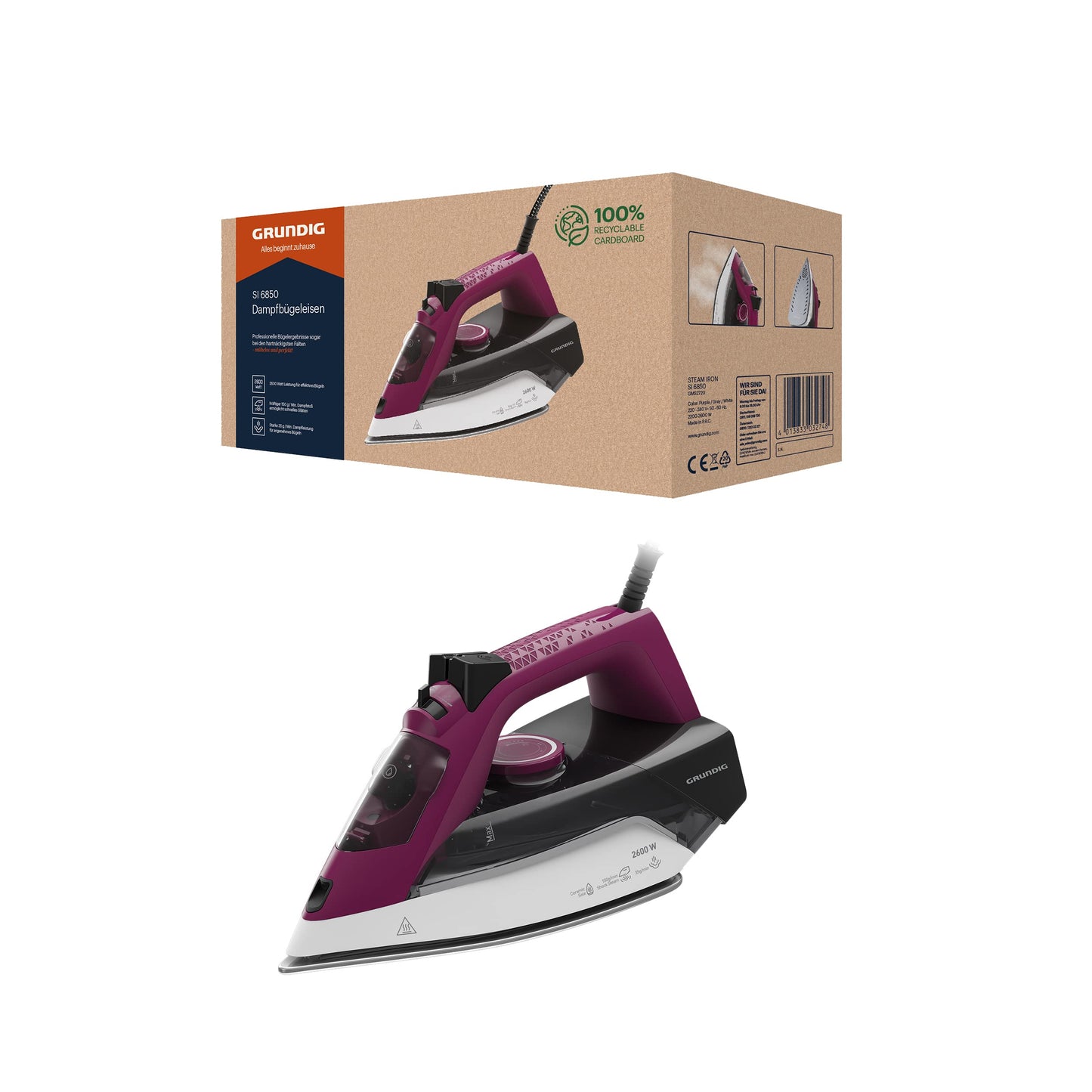 Grundig SI 6850 steam iron - ceramic soleplate, violet/grey/white design, efficient steam output for wrinkle removal.