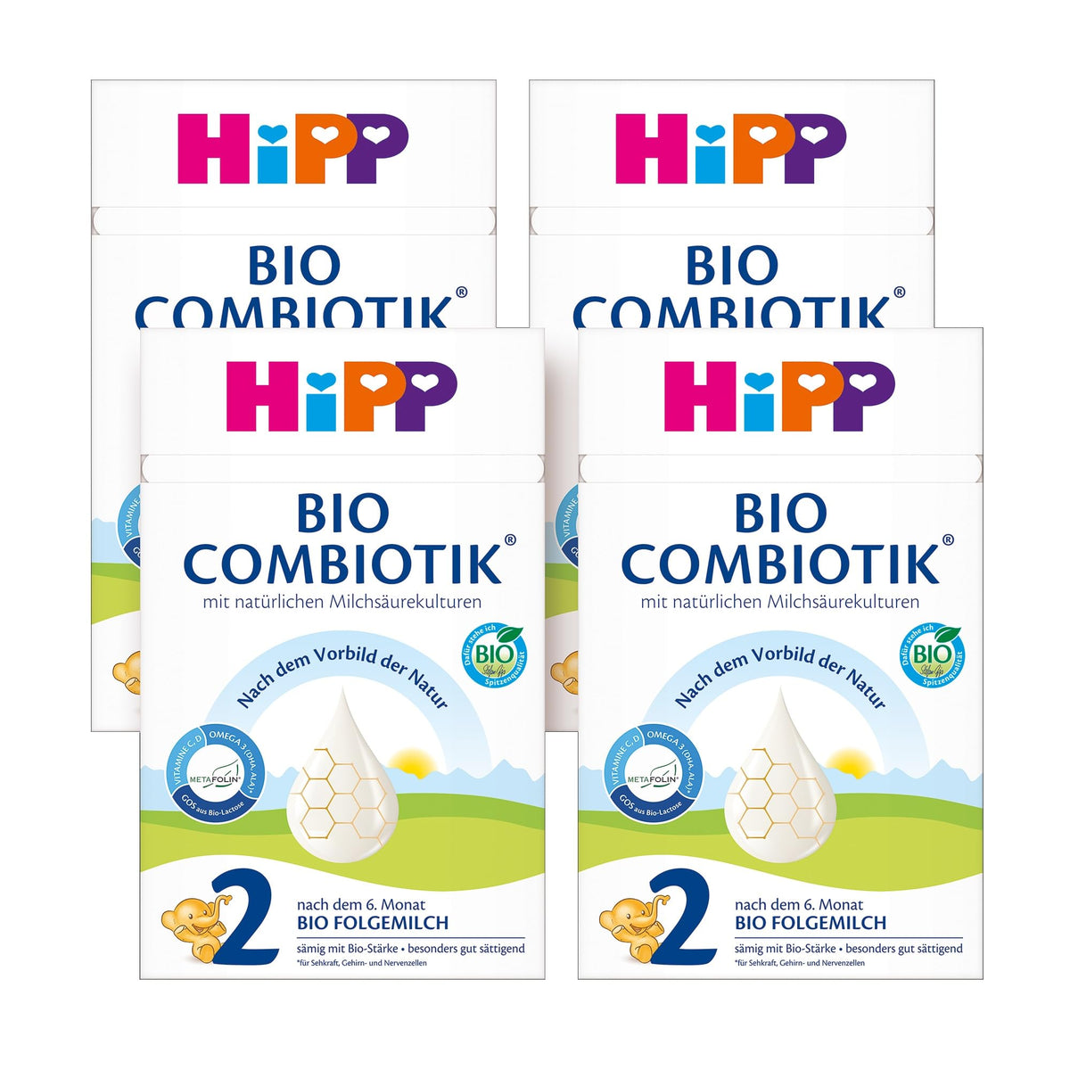 Turpmākā piena formula HiPP 2 Bio Combiotik 4 x 600 g, no 6. mēneša, ar cieti, dabīgām pienskābes kultūrām, GOS, Omega-3 (DHA, ALA), bioloģiska kvalitāte
